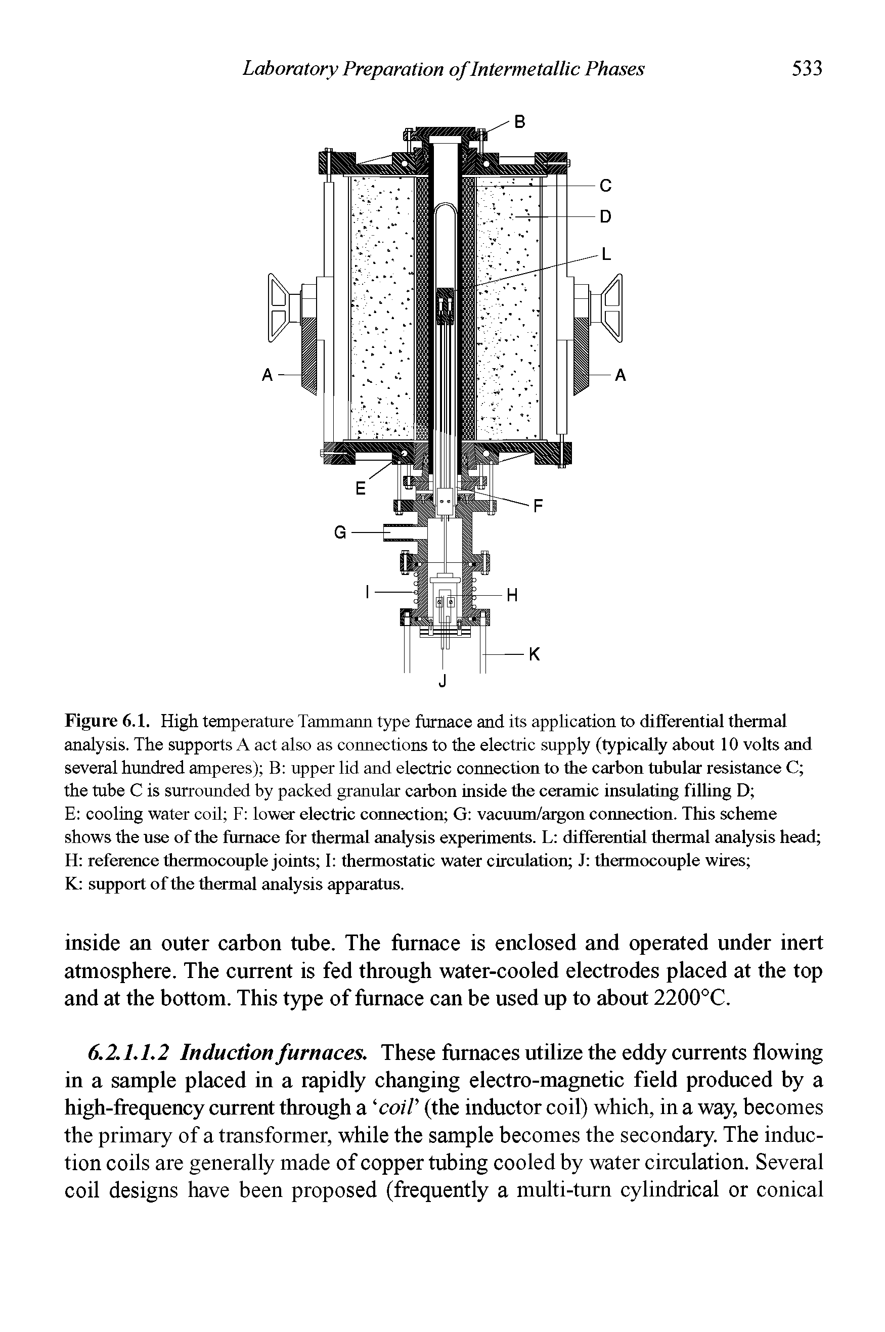 Figure 6.1. High temperature Tammann type furnace and its application to differential thermal analysis. The supports A act also as connections to the electric supply (typically about 10 volts and several hundred amperes) B upper lid and electric connection to the carbon tubular resistance C the tube C is surrounded by packed granular carbon inside the ceramic insulating filling D ...