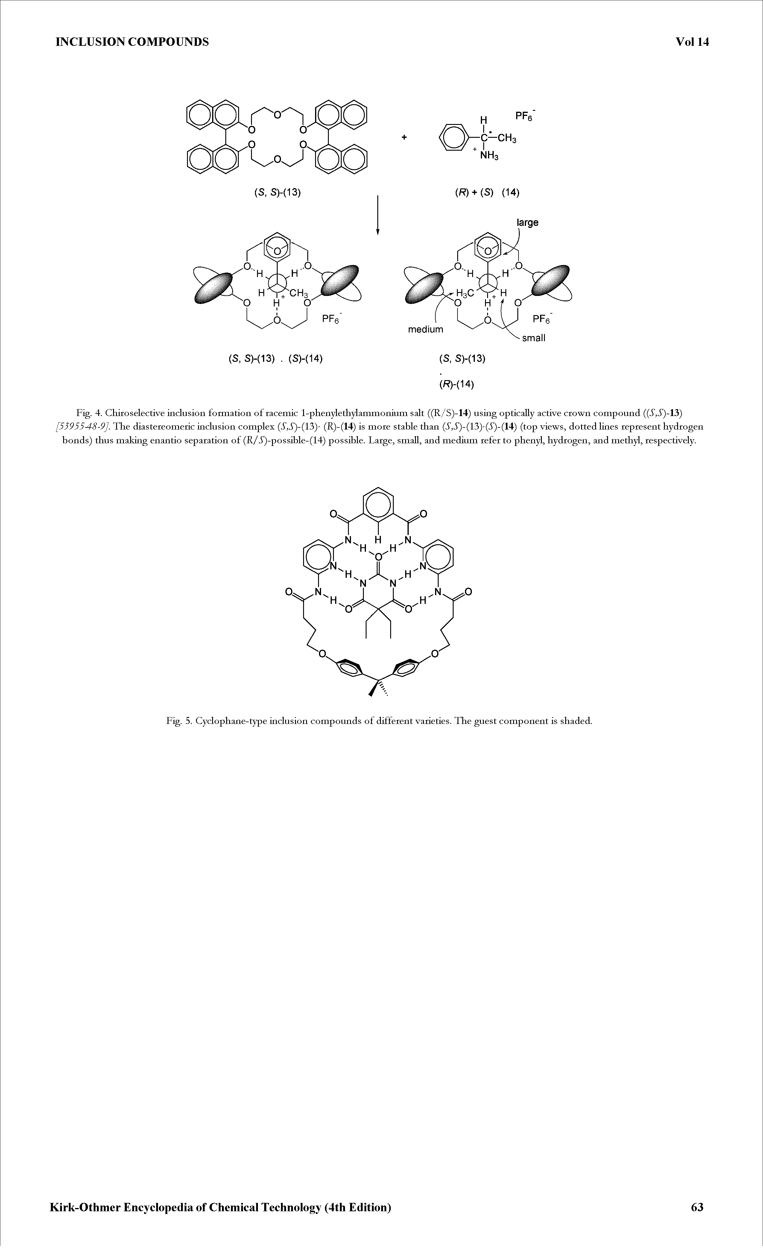 Fig. 4. Chiroselective inclusion formation of racemic l-phenylethylammonium salt ((R/S)-14) using optically active crown compound ((i, 5)-13) [53955-48-9]. The diastereomeric inclusion complex (R)-(14) is more stable than (3, 3)-(13)-(3)-(14) (top views, dotted lines represent hydrogen...