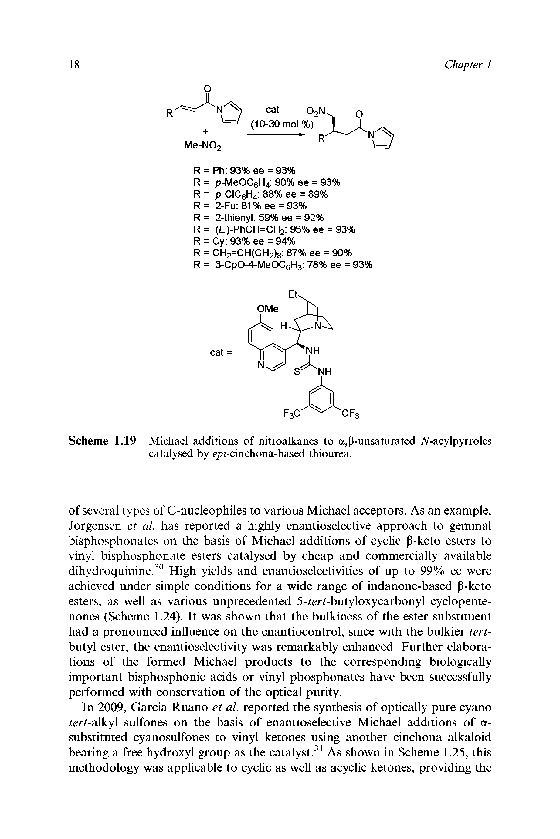 Scheme 1.19 Michael additions of nitroalkanes to a,p-unsaturated Af-acylpyrroles catalysed by epi-cinchona-based thiourea.