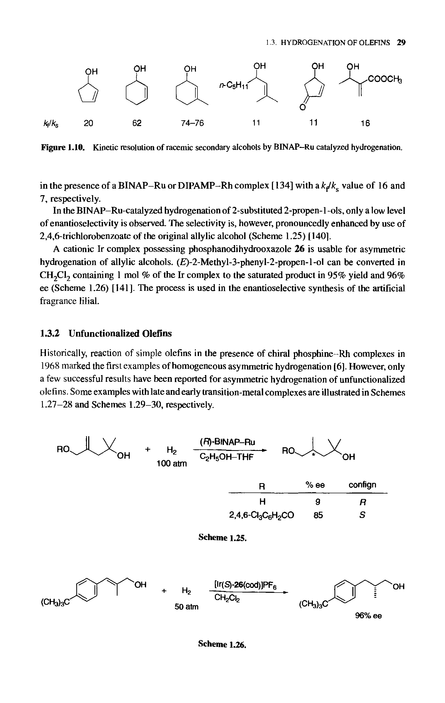 Figure 1.10. Kinetic resolution of racemic secondary alcohols by BINAP-Ru catalyzed hydrogenation.