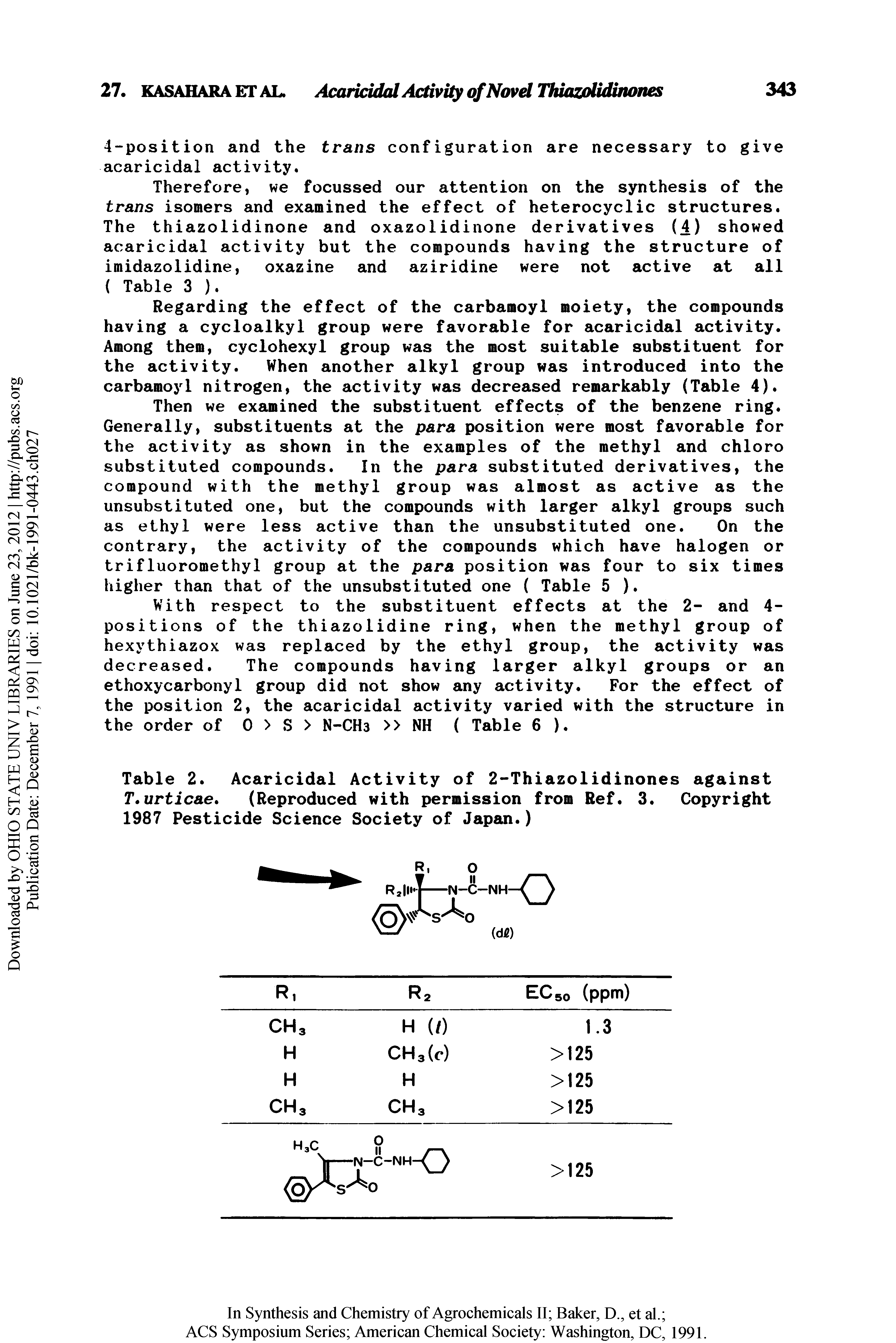 Table 2. Acaricidal Activity of 2-Thiazolidinones against T.urticae. (Reproduced with permission from Ref. 3. Copyright 1987 Pesticide Science Society of Japan.)...