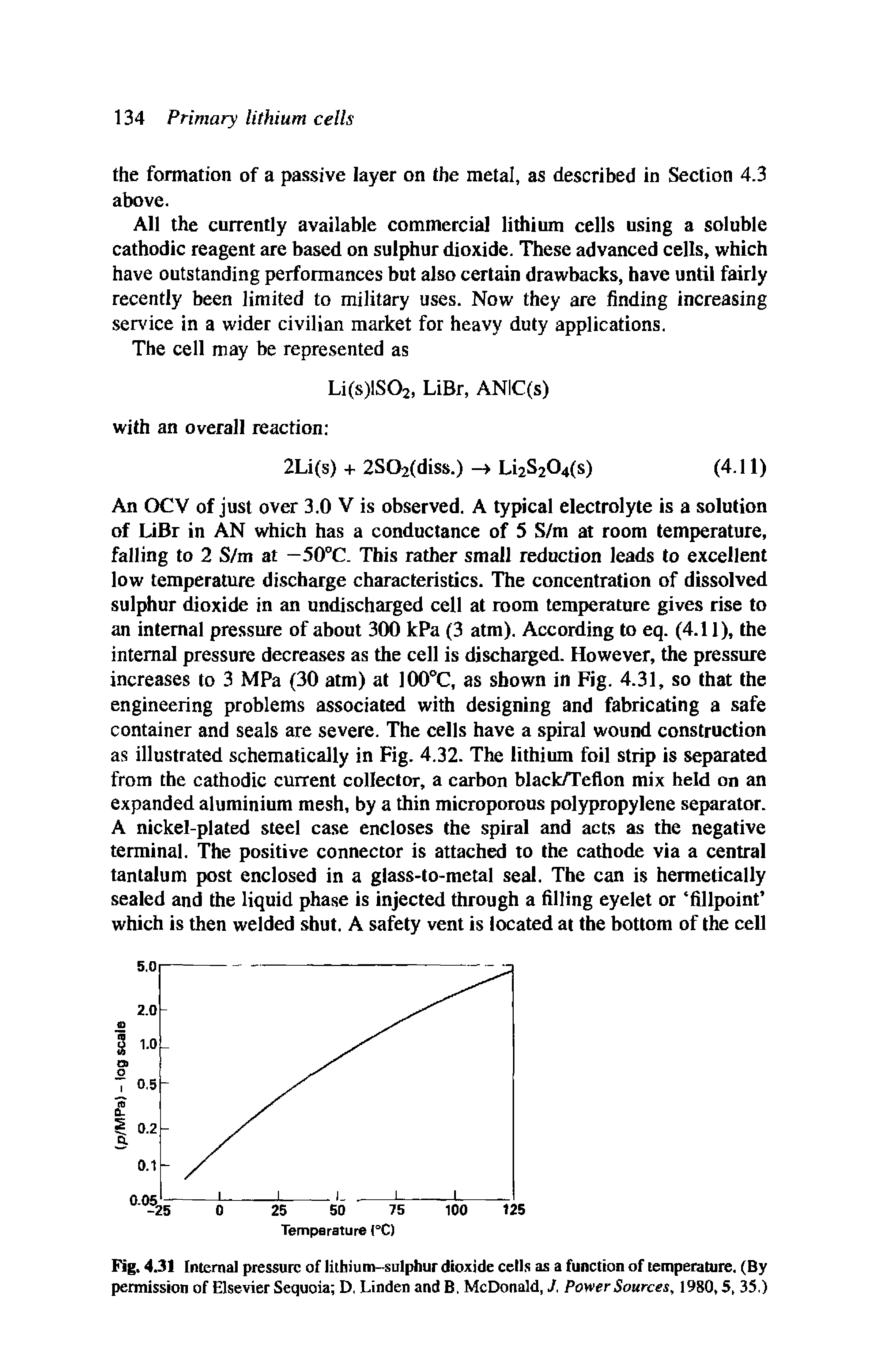Fig. 4.31 Internal pressure of lithium-sulphur dioxide cells as a function of temperature. (By permission of Elsevier Sequoia D, Linden and B, McDonald, J, Power Sources, 1980,5, 35.)...