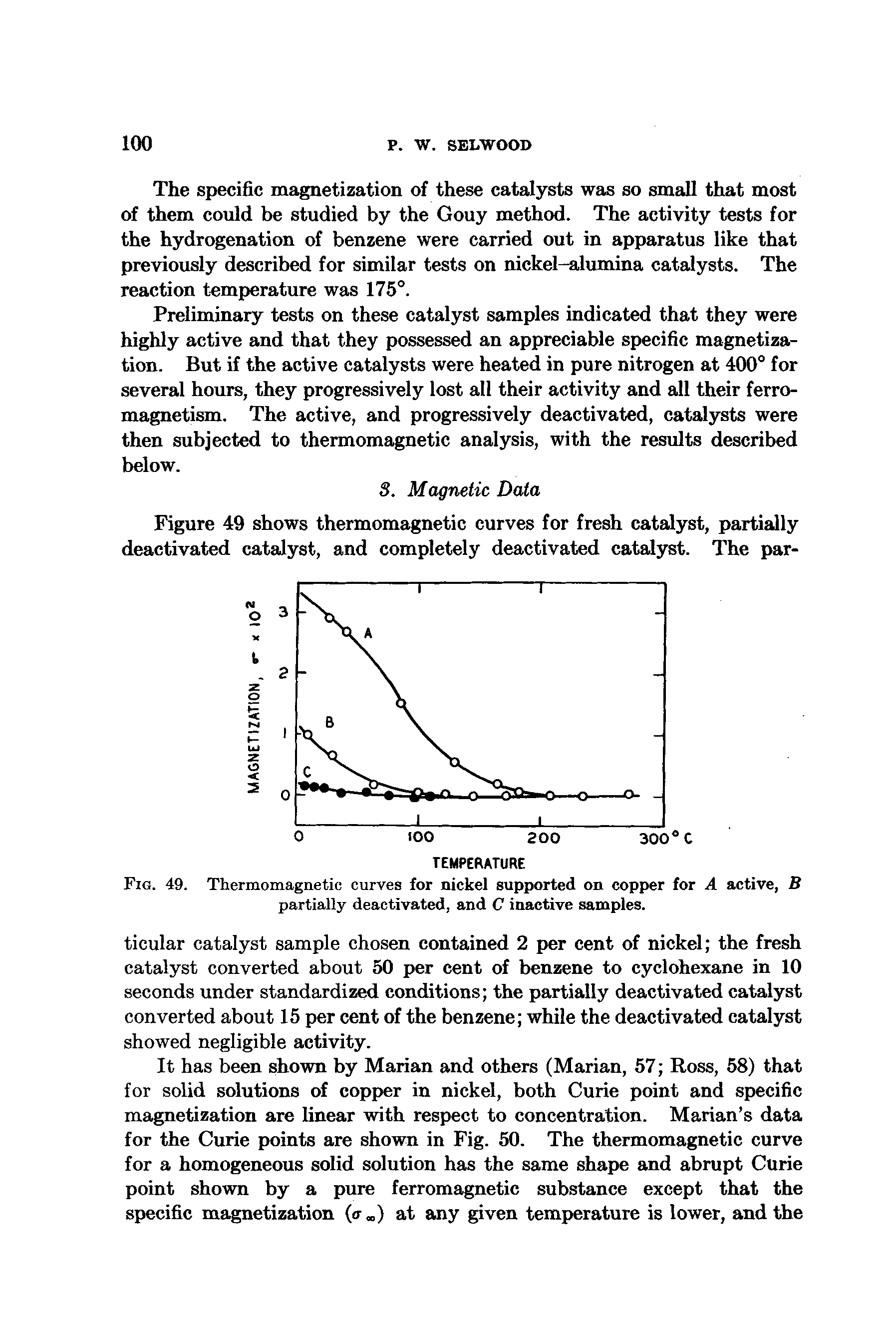 Fig. 49. Thermomagnetic curves for nickel supported on copper for A active, B partially deactivated, and C inactive samples.