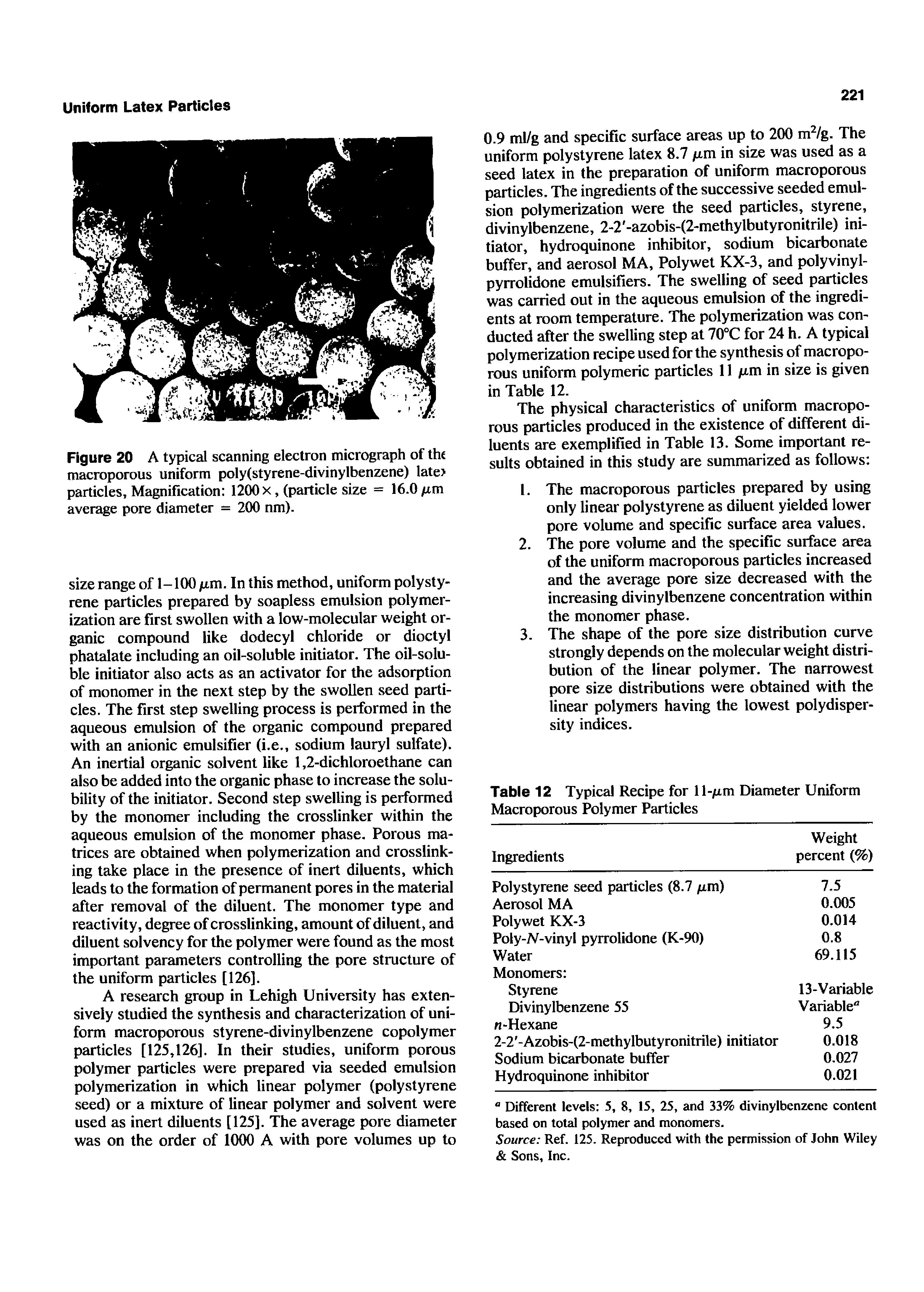 Figure 20 A typical scanning electron micrograph of the macroporous uniform poly(styrene-divinylbenzene) late> particles. Magnification 1200 x, (particle size = 16.0/rm average pore diameter = 200 nm).