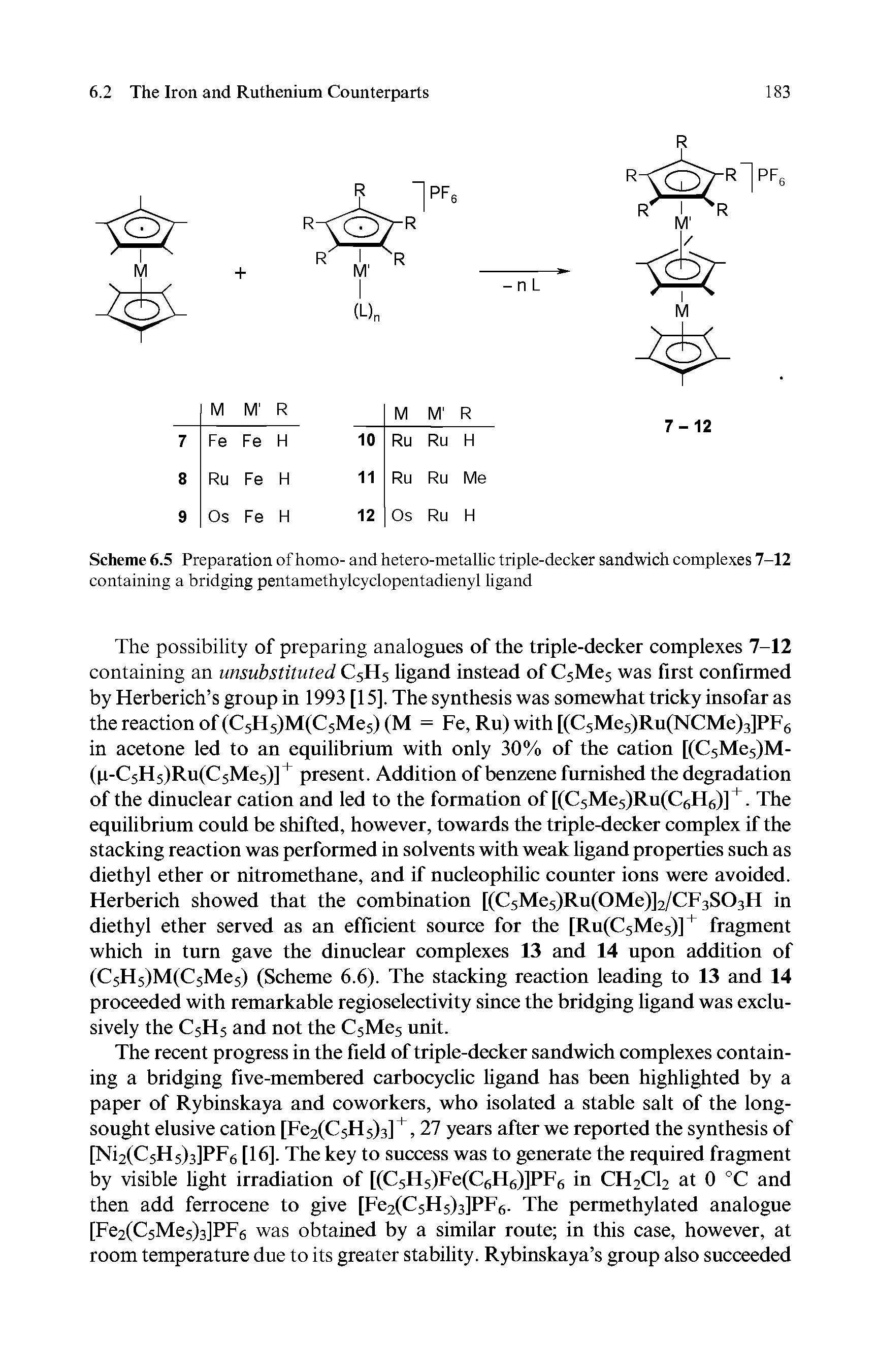 Scheme 6.5 Preparation of homo- and hetero-metallic triple-decker sandwich complexes 7-12 containing a bridging pentamethylcyclopentadienyl ligand...