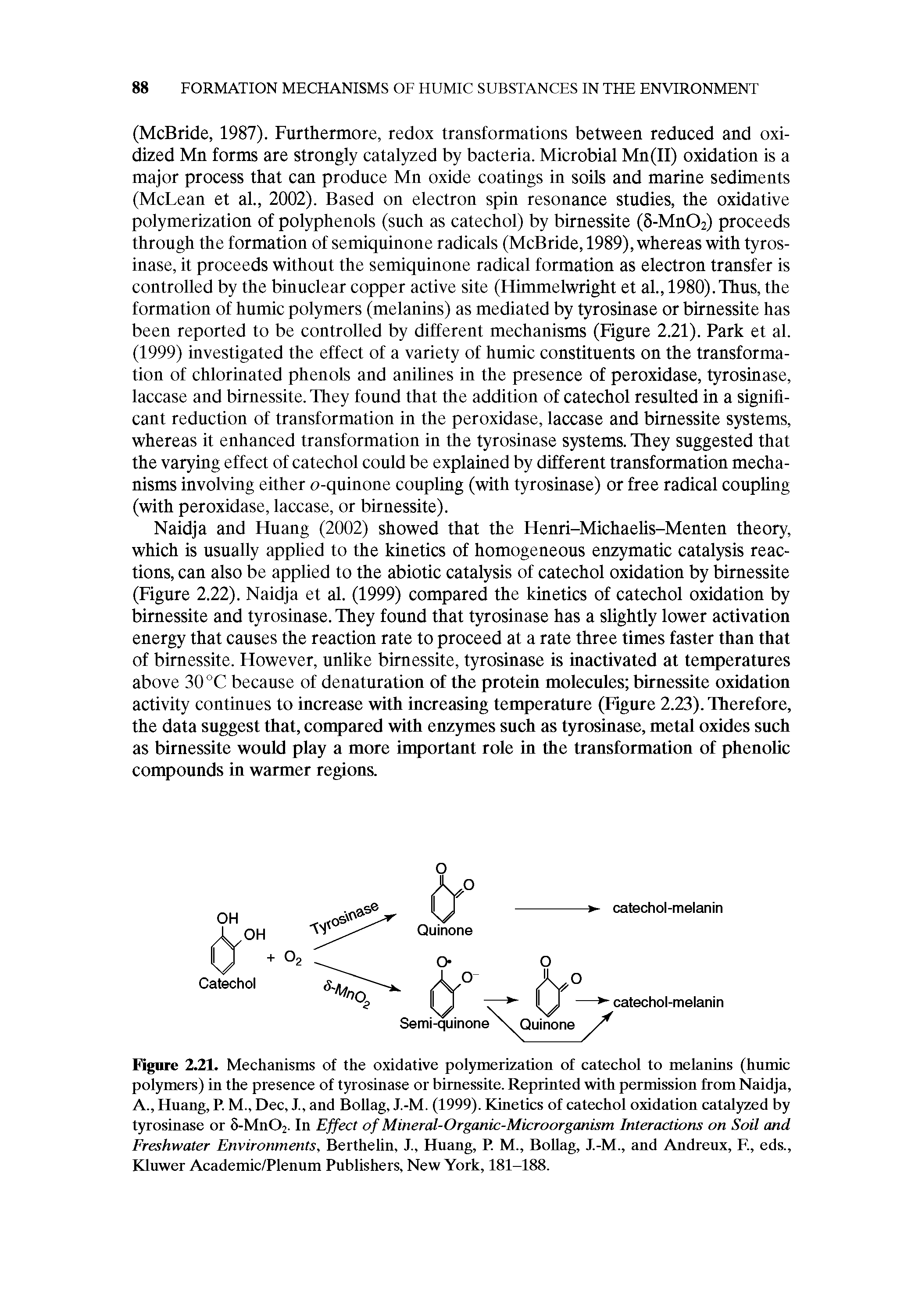 Figure 2.21. Mechanisms of the oxidative polymerization of catechol to melanins (humic polymers) in the presence of tyrosinase or birnessite. Reprinted with permission from Naidja, A., Huang, P. M., Dec, J., and Bollag, J.-M. (1999). Kinetics of catechol oxidation catalyzed by tyrosinase or 8-Mn02. In Effect of Mineral-Organic-Microorganism Interactions on Soil and Freshwater Environments, Berthelin, J., Huang, P. M., Bollag, J.-M., and Andreux, F., eds., Kluwer Academic/Plenum Publishers, New York, 181-188.