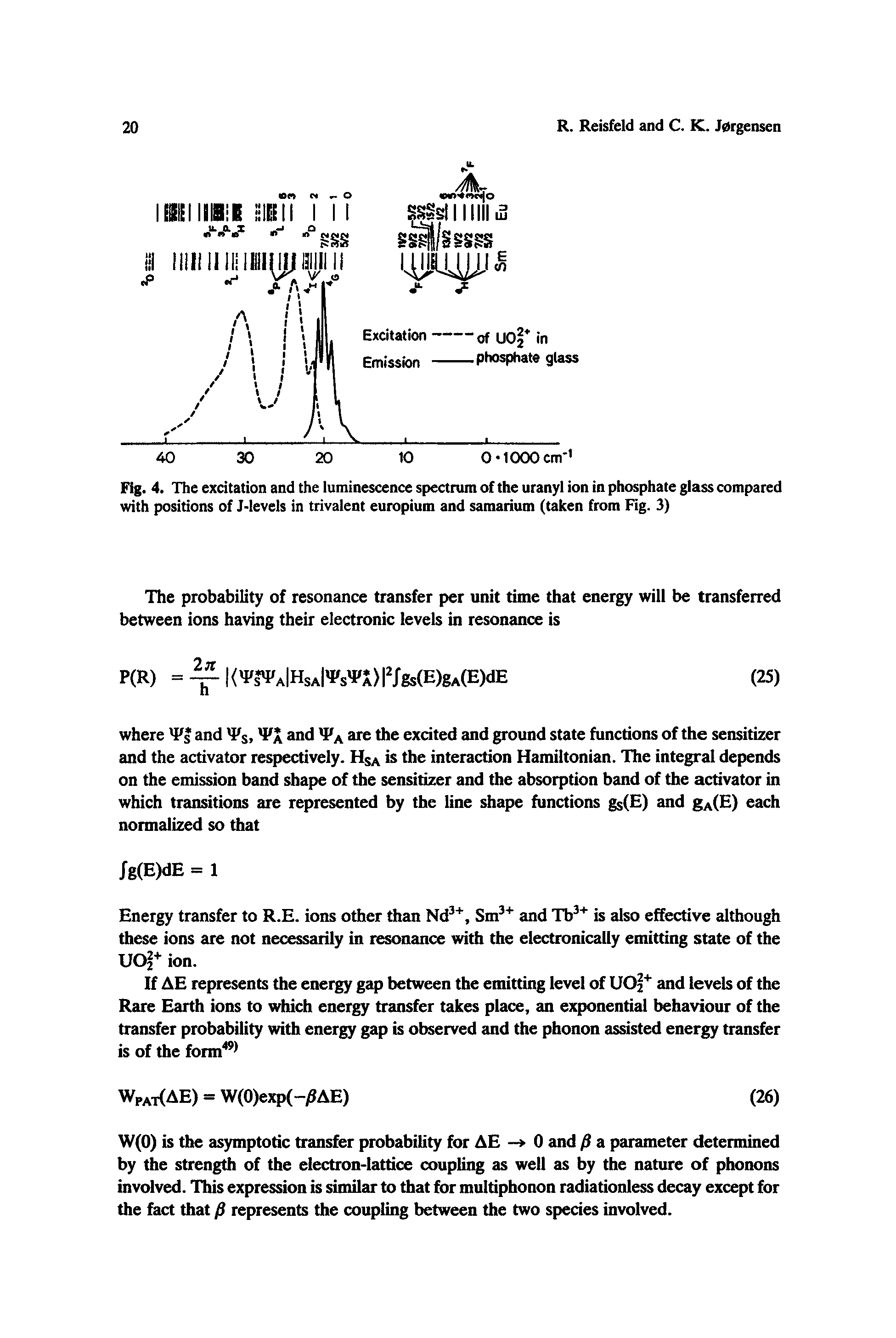 Fig. 4. The excitation and the luminescence spectrum of the uranyl ion in phosphate glass compared with positions of J-levels in trivalent europium and samarium (taken from Fig. 3)...