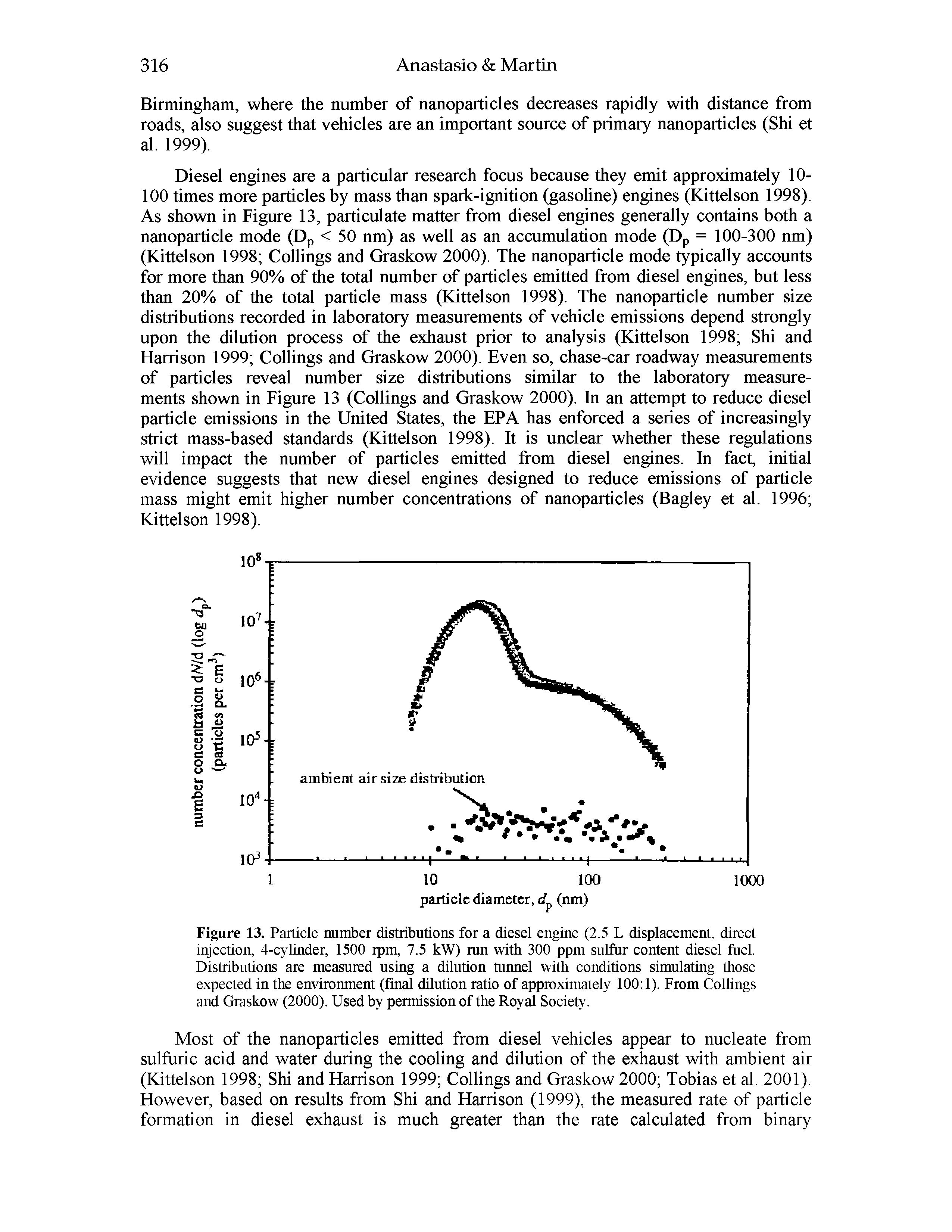 Figure 13. Particle number distributions for a diesel engine (2.5 L displacement, direct injection, 4-cylinder, 1500 rpm, 7.5 kW) mn with 300 ppm sulfur content diesel fuel. Distributions are measured using a dilution tunnel with conditions simulating those expected in the environment (final dilution ratio of approximately 100 1). From Collings and Graskow (2000). Used by permission of the Royal Society.