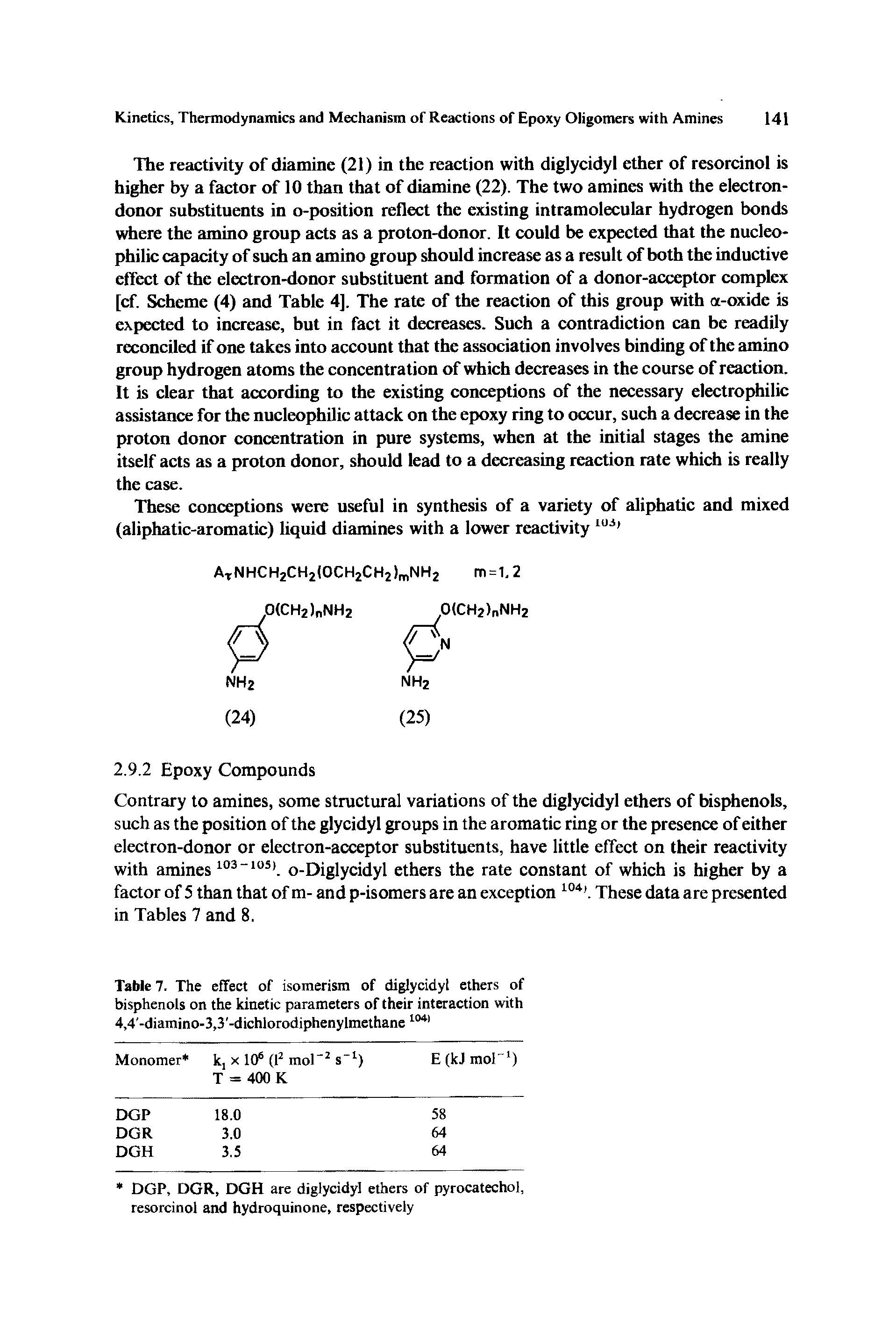 Table 7. The effect of isomerism of diglycidyl ethers of bisphenols on the kinetic parameters of their interaction with 4,4 -diamino-3,3 -dichlorodiphenylmethane 1041...