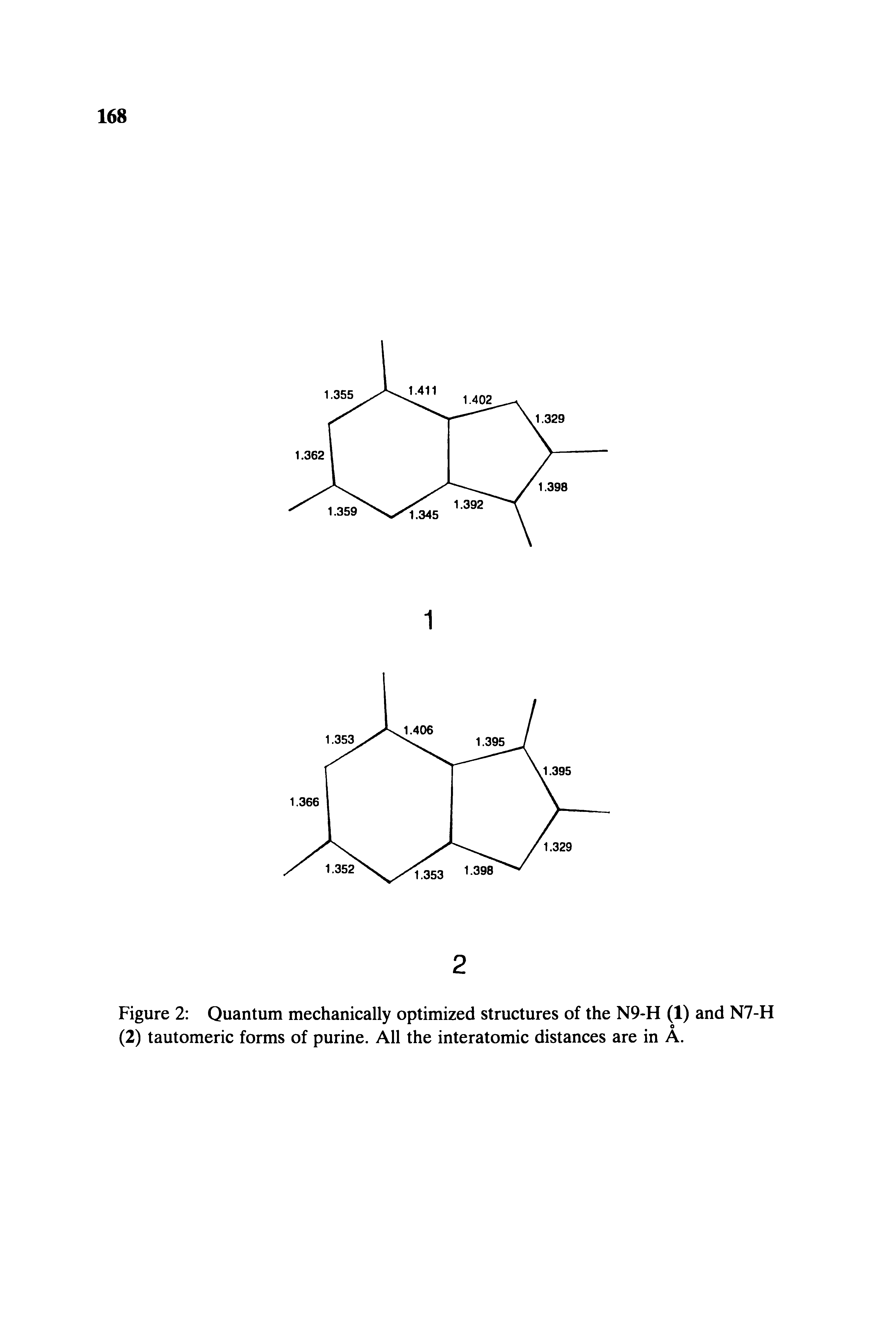 Figure 2 Quantum mechanically optimized structures of the N9-H (1) and N7-H (2) tautomeric forms of purine. All the interatomic distances are in A.