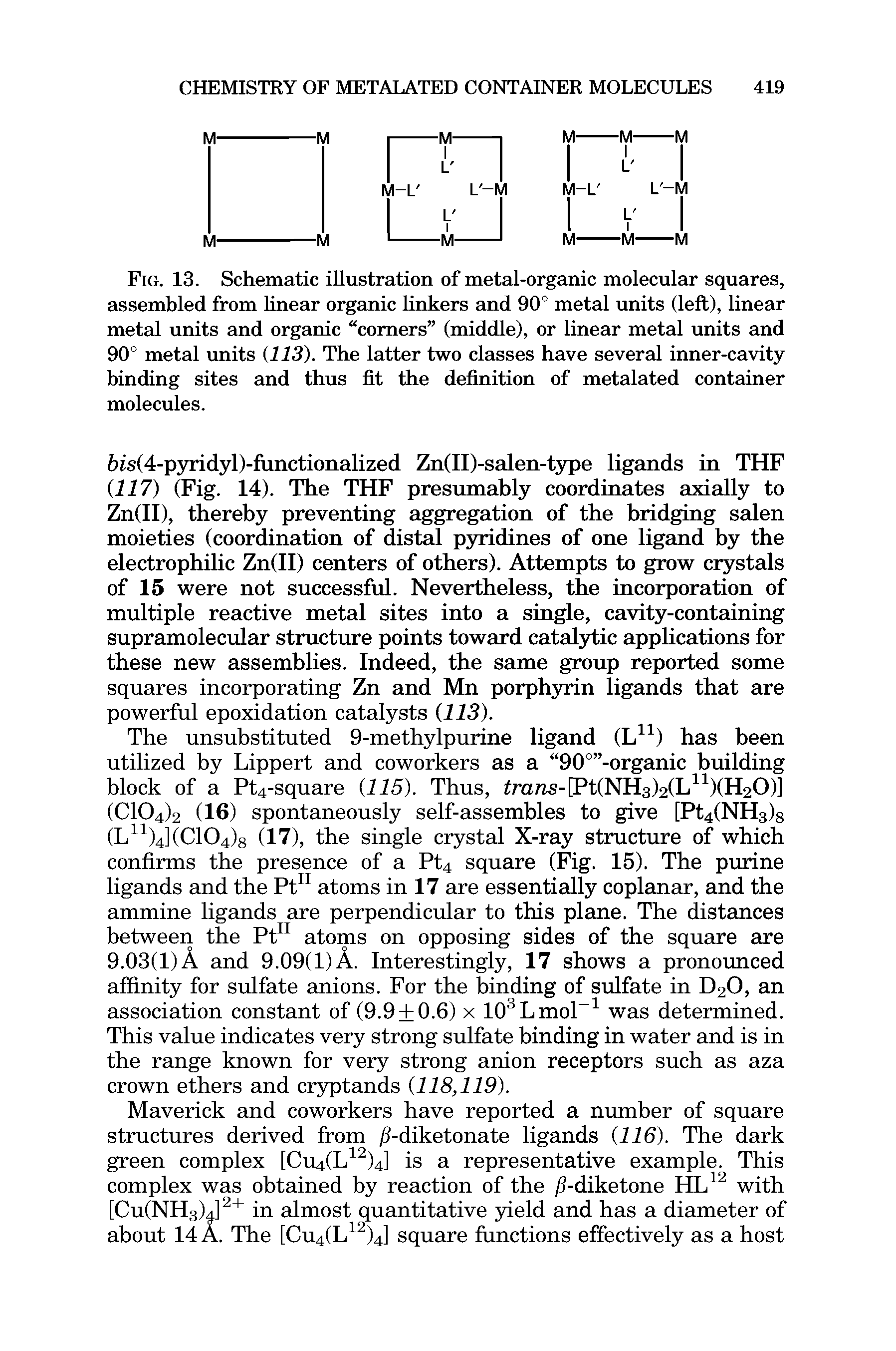 Fig. 13. Schematic illustration of metal-organic molecular squares, assembled from linear organic linkers and 90° metal units (left), linear metal units and organic comers (middle), or linear metal units and 90° metal units (113). The latter two classes have several inner-cavity binding sites and thus fit the definition of metalated container molecules.