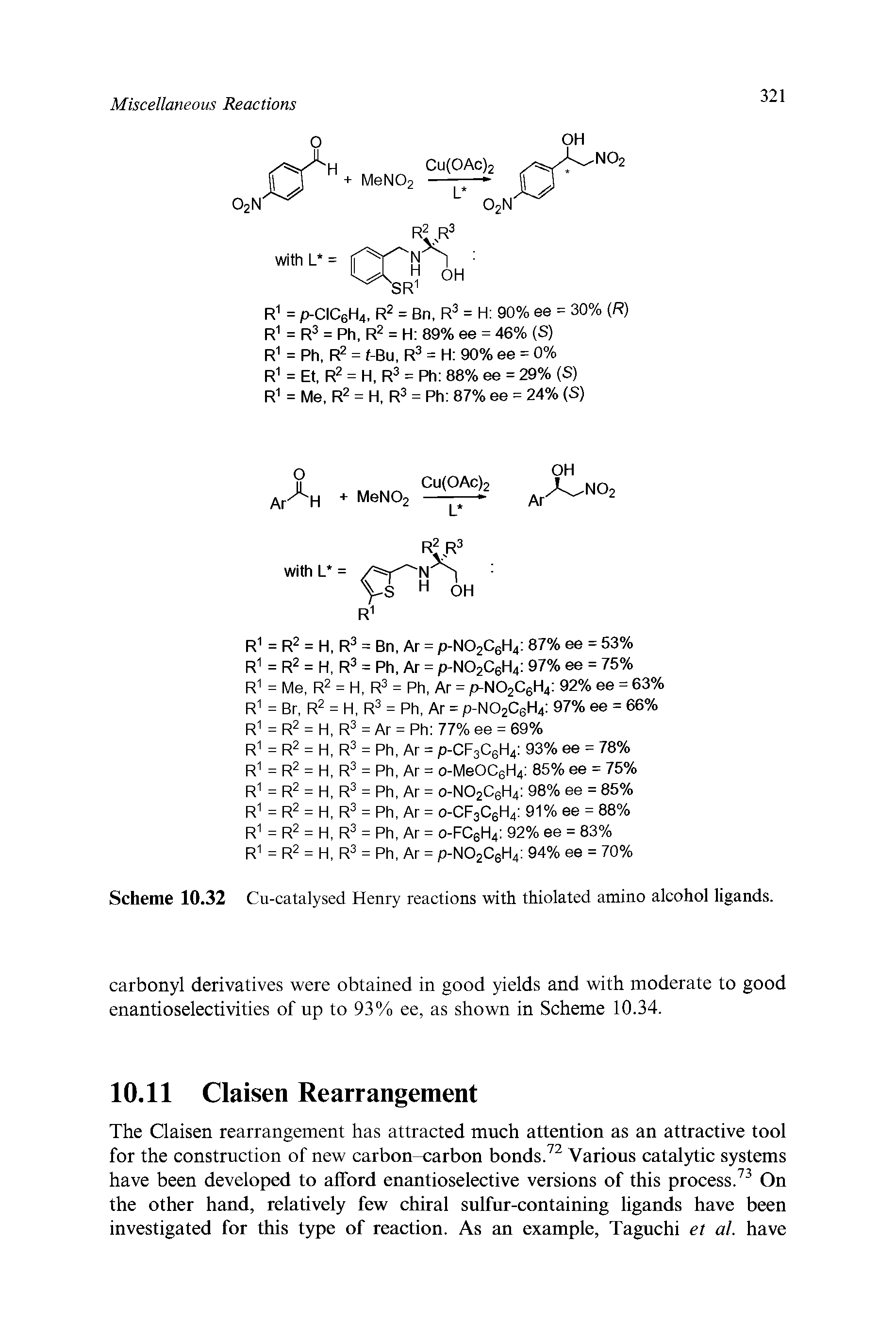 Scheme 10.32 Cu-catalysed Henry reactions with thiolated amino alcohol ligands.