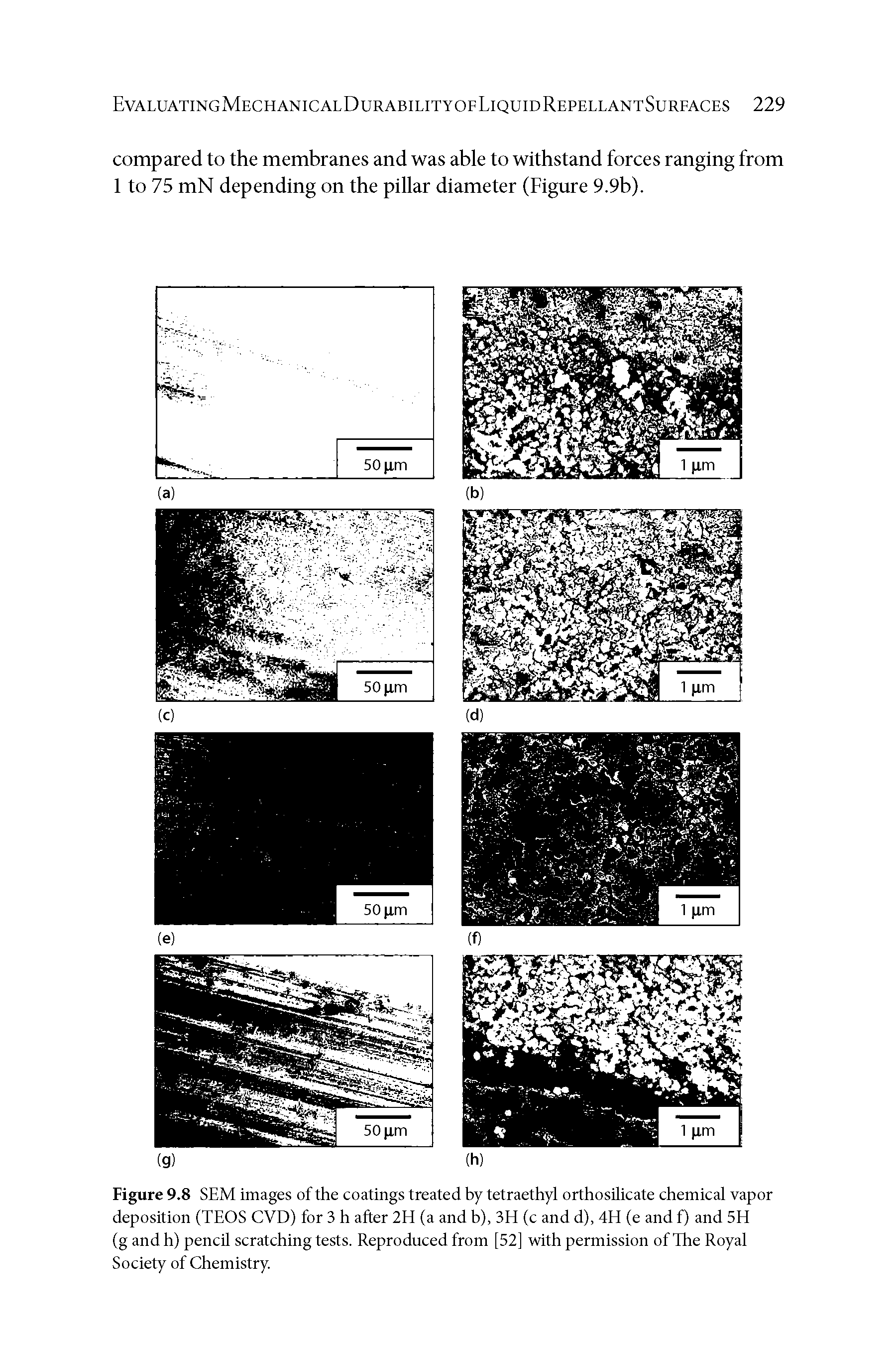 Figure 9.8 SEM images of the coatings treated by tetraethyl orthosUicate chemical vapor deposition (TEOS CVD) for 3 h after 2EI (a and b), 3EI (c and d), 4EI (e and f) and 5EI (g and h) pencil scratching tests. Reproduced from [52] with permission of The Royal Society of Chemistry.