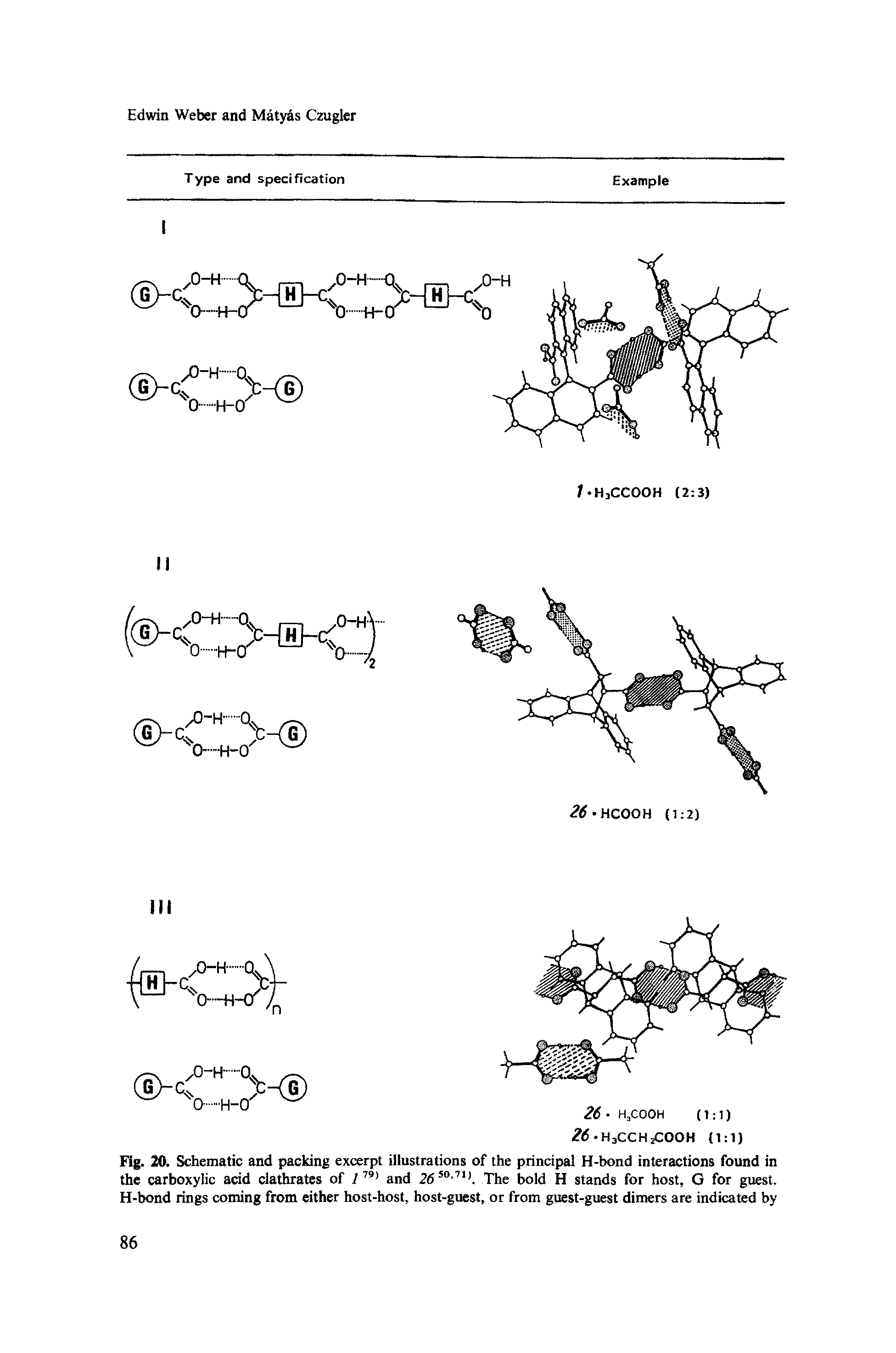 Fig. 20. Schematic and packing excerpt illustrations of the principal H-bond interactions found in the carboxylic acid clathrates of 179) and 26 50-71>. The bold H stands for host, G for guest. H-bond rings coming from either host-host, host-guest, or from guest-guest dimers are indicated by...