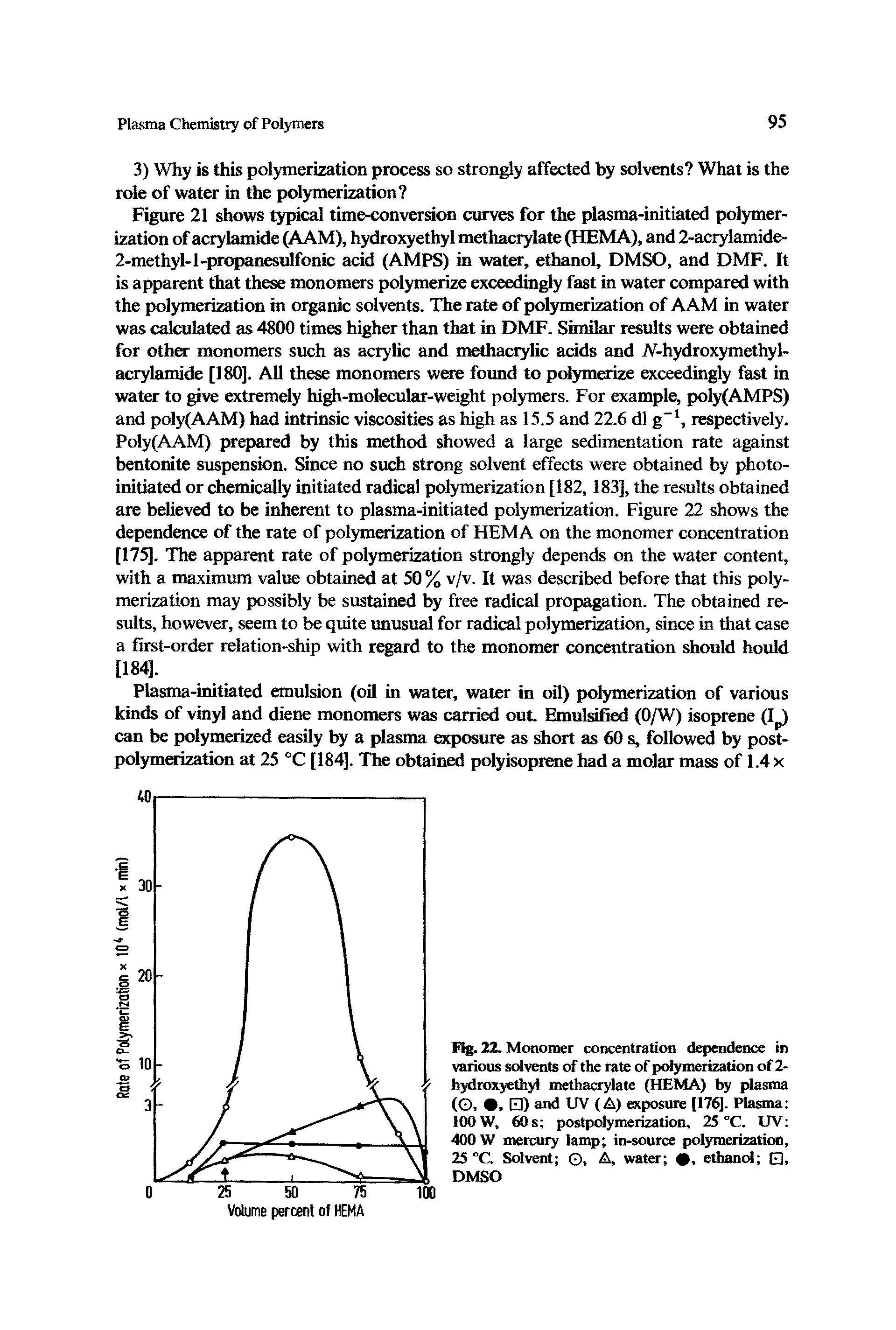 Fig. 22. Monomer concentration dependence in various solvents of the rate of polymerization of 2-hydroxyethyl methacrylate (HEMA) by plasma (O, , ) and UV (A) exposure [176]. Plasma 100 W, s postpdymerization. 25 °C. UV 400 W mercury lamp in-source polymerization, 25 °C. Solvent G. A, water , ethand 03, DMSO...