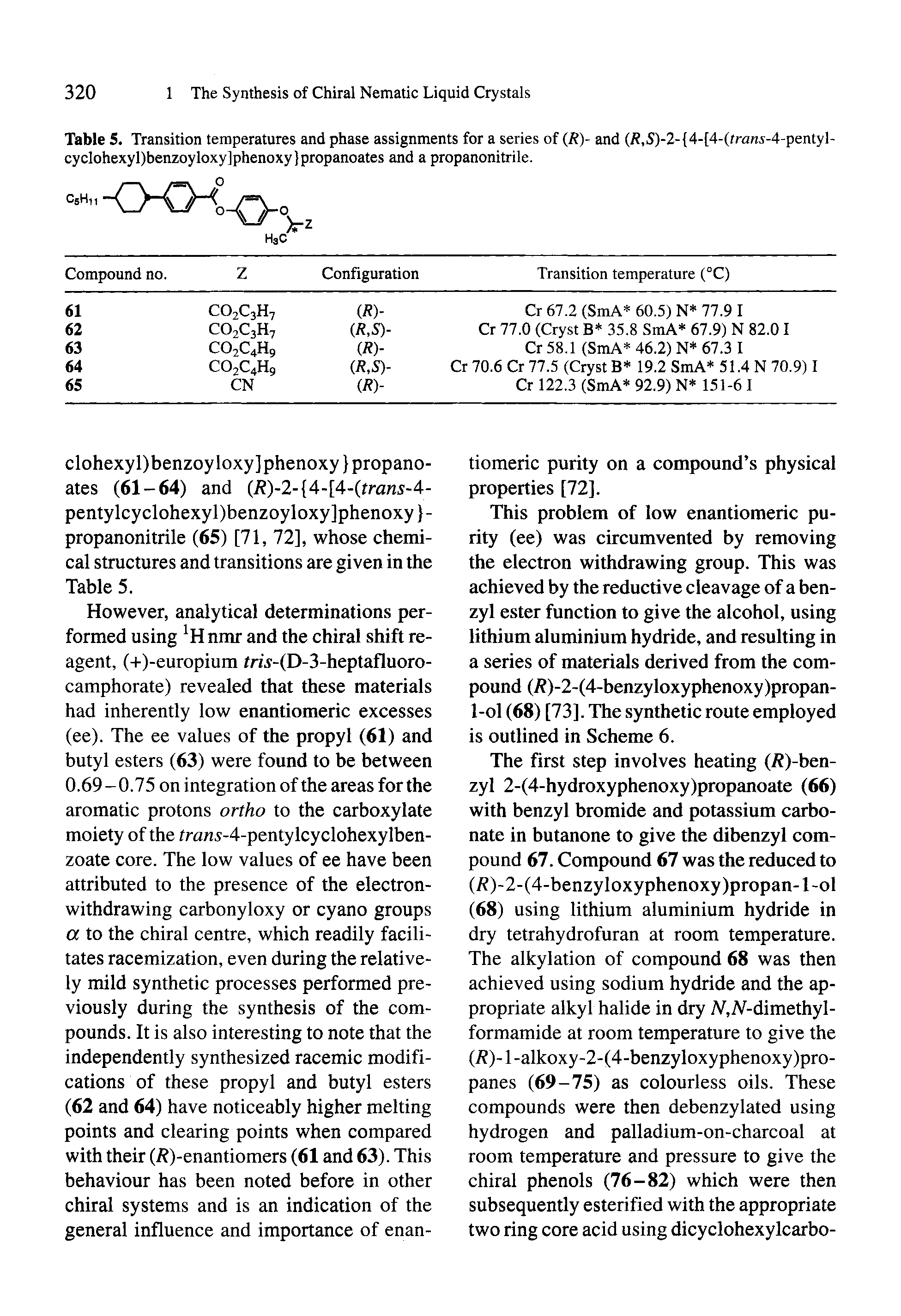 Table 5. Transition temperatures and phase assignments for a series of (R)- and (f ,S)-2- 4-[4-(frani-4-pentyl-cyclohexyl)benzoyloxy]phenoxy propanoates and a propanonitrile.