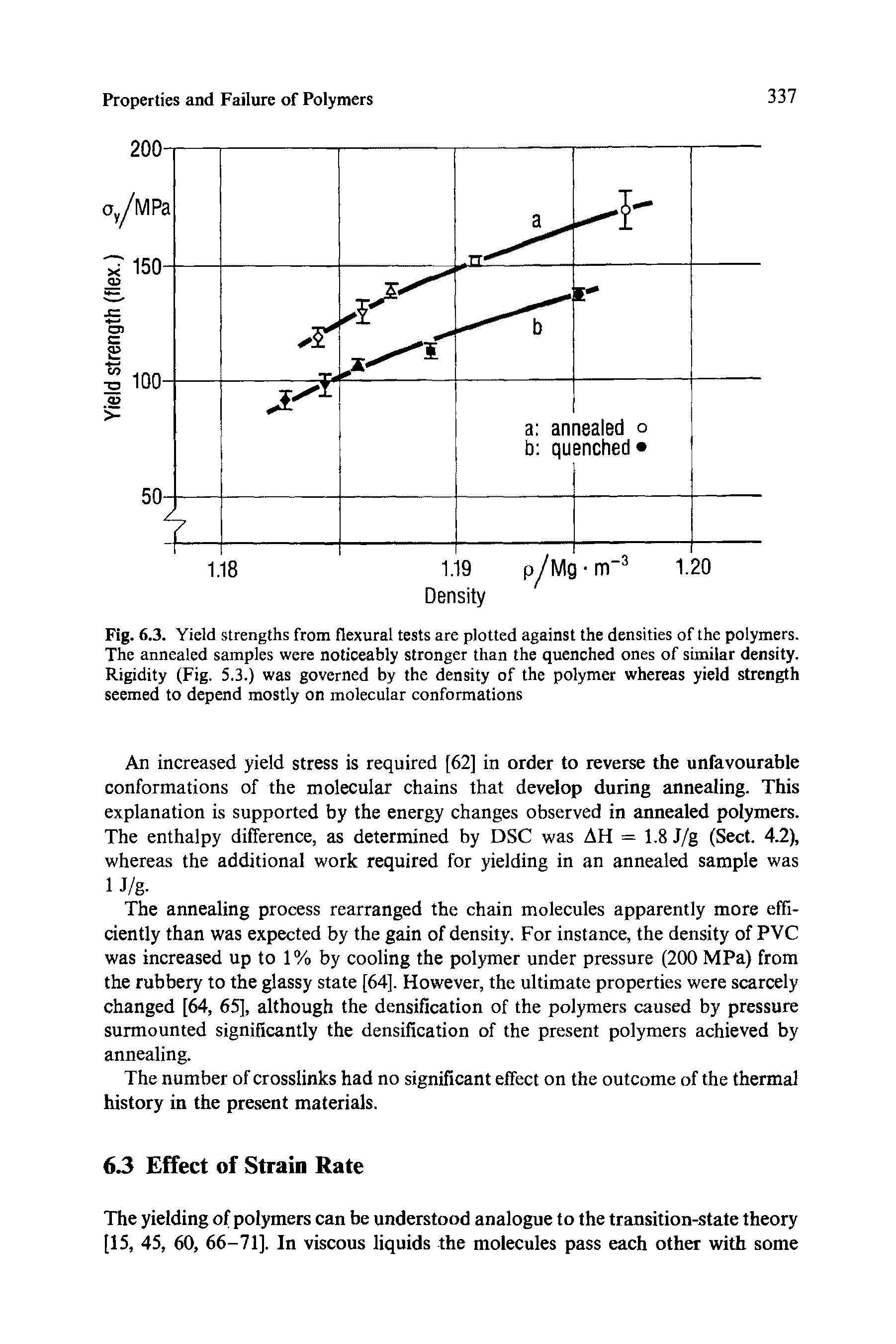 Fig. 6.3. Yield strengths from flexural tests are plotted against the densities of the polymers. The annealed samples were noticeably stronger than the quenched ones of similar density. Rigidity (Fig. 5.3.) was governed by the density of the polymer whereas yield strength seemed to depend mostly on molecular conformations...