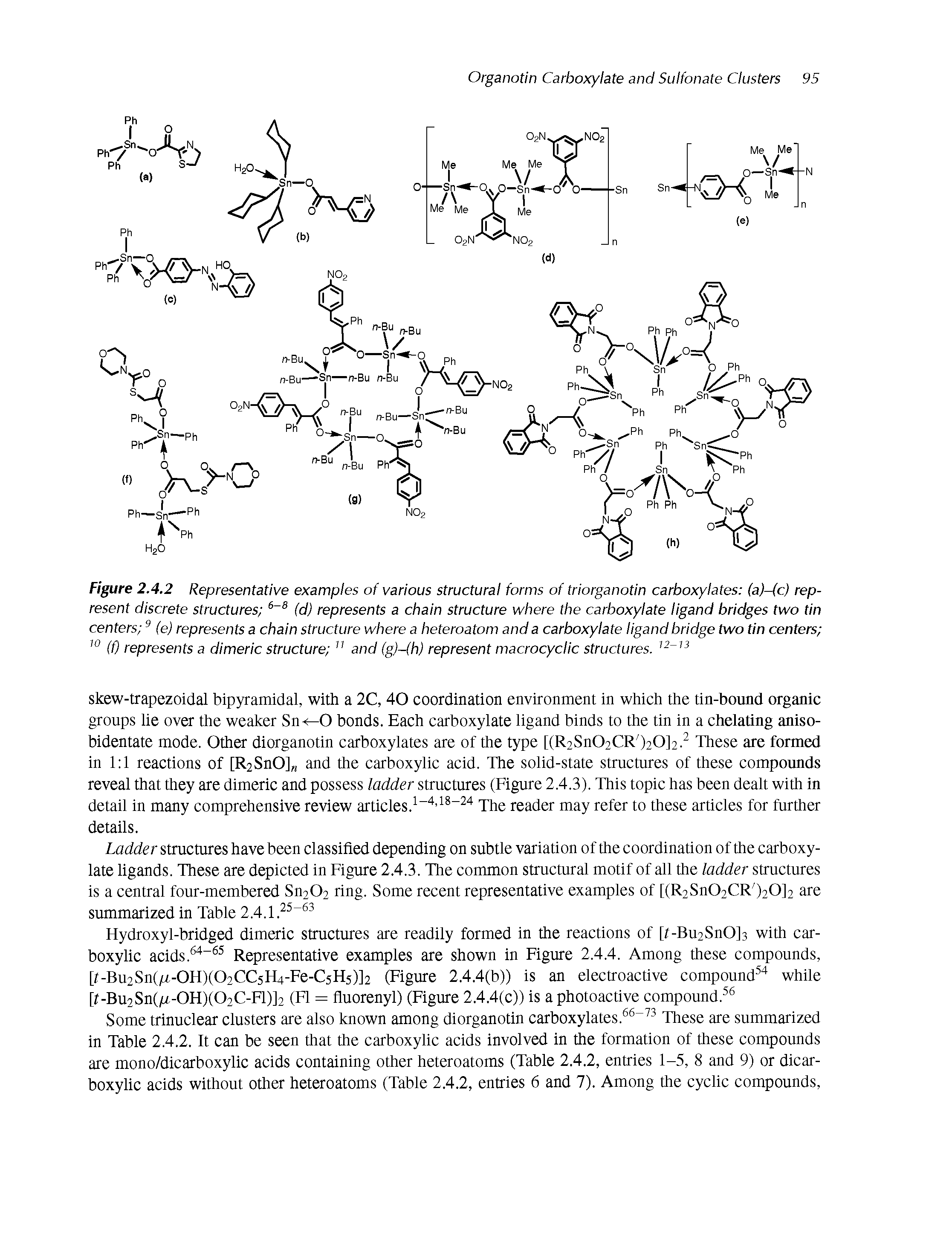 Figure 2.4.2 Representative examples of various structural forms of triorganotin carboxylates (a)-(c) represent discrete structures (d) represents a chain structure where the carboxylate ligand bridges two tin centers (e) represents a chain structure where a heteroatom and a carboxylate ligand bridge two tin centers (f) represents a dimeric structure and (g)-(h) represent macrocyclic structures.