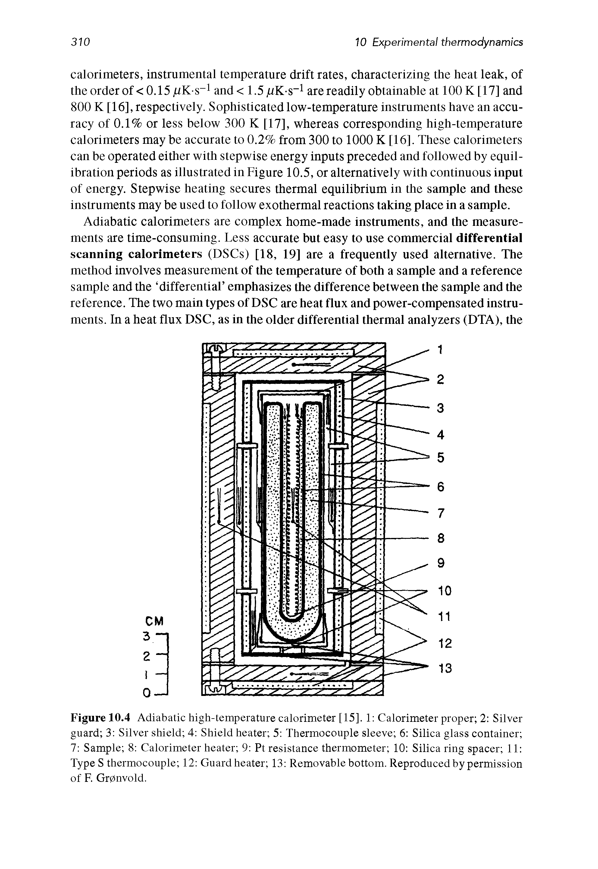 Figure 10.4 Adiabatic high-temperature calorimeter [15], 1 Calorimeter proper 2 Silver guard 3 Silver shield 4 Shield heater 5 Thermocouple sleeve 6 Silica glass container 7 Sample 8 Calorimeter heater 9 Pt resistance thermometer 10 Silica ring spacer 11 Type S thermocouple 12 Guardheater 13 Removable bottom. Reproduced by permission of F. Grpnvold.