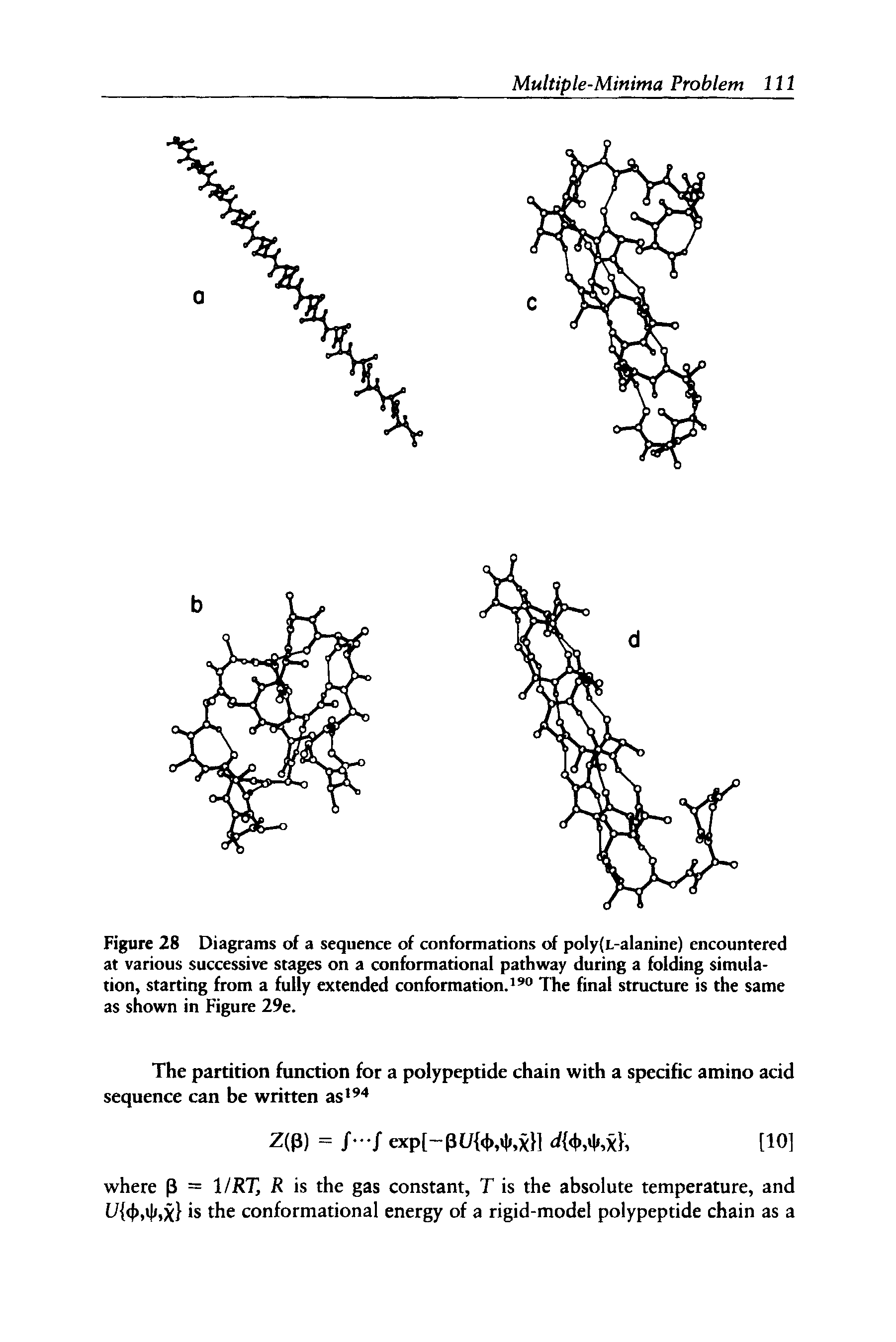 Figure 28 Diagrams of a sequence of conformations of poly(L-alanine) encountered at various successive stages on a conformational pathway during a folding simulation, starting from a fully extended conformation.190 The final structure is the same as shown in Figure 29e.
