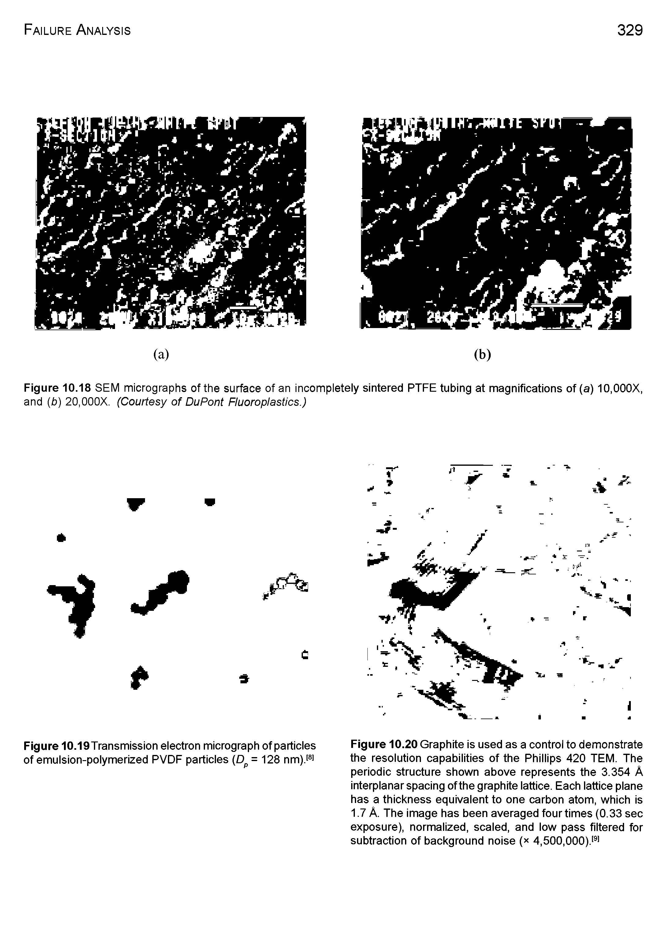 Figure 10.18 SEM micrographs of the surface of an incompletely sintered PTFE tubing at magnifications of (a) lO.OOOX, and (b) 20,000X. (Courtesy of DuPont Fluoroplastics.)...