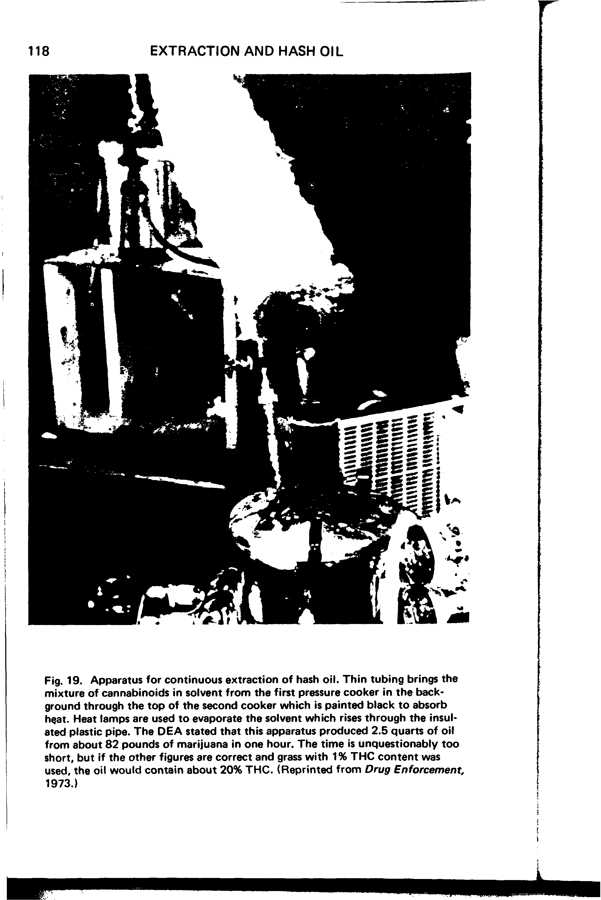 Fig. 19. Apparatus for continuous extraction of hash oil. Thin tubing brings the mixture of cannabinoids in solvent from the first pressure cooker in the background through the top of the second cooker which is painted black to absorb heat. Heat lamps are used to evaporate the solvent which rises through the insulated plastic pipe. The DEA stated that this apparatus produced 2.5 quarts of oil from about 82 pounds of marijuana in one hour. The time is unquestionably too short, but if the other figures are correct and grass with 1% THC content was used, the oil would contain about 20% THC. (Reprinted from Drug Enforcement, 1973.)...