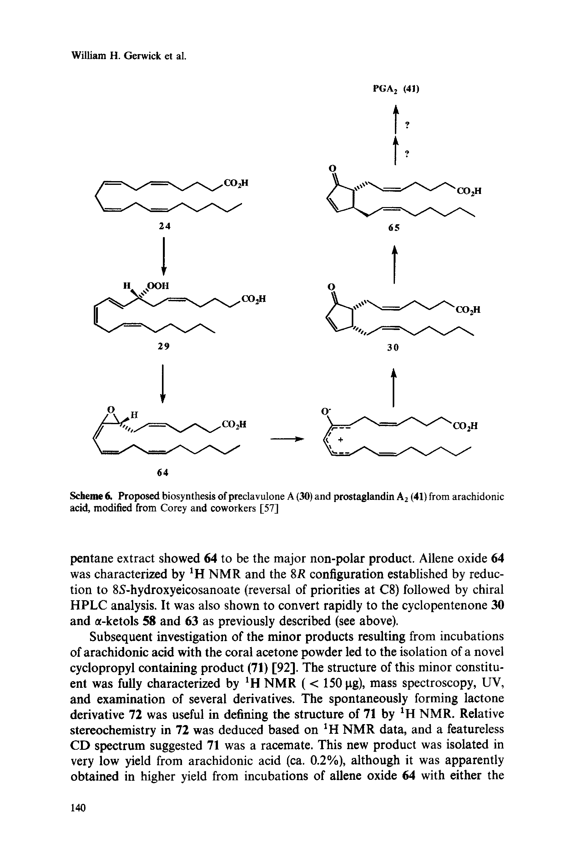 Scheme 6. Proposed biosynthesis of preelavulone A (30) and prostaglandin A2 (41) from arachidonic acid, modified from Corey and coworkers [57]...
