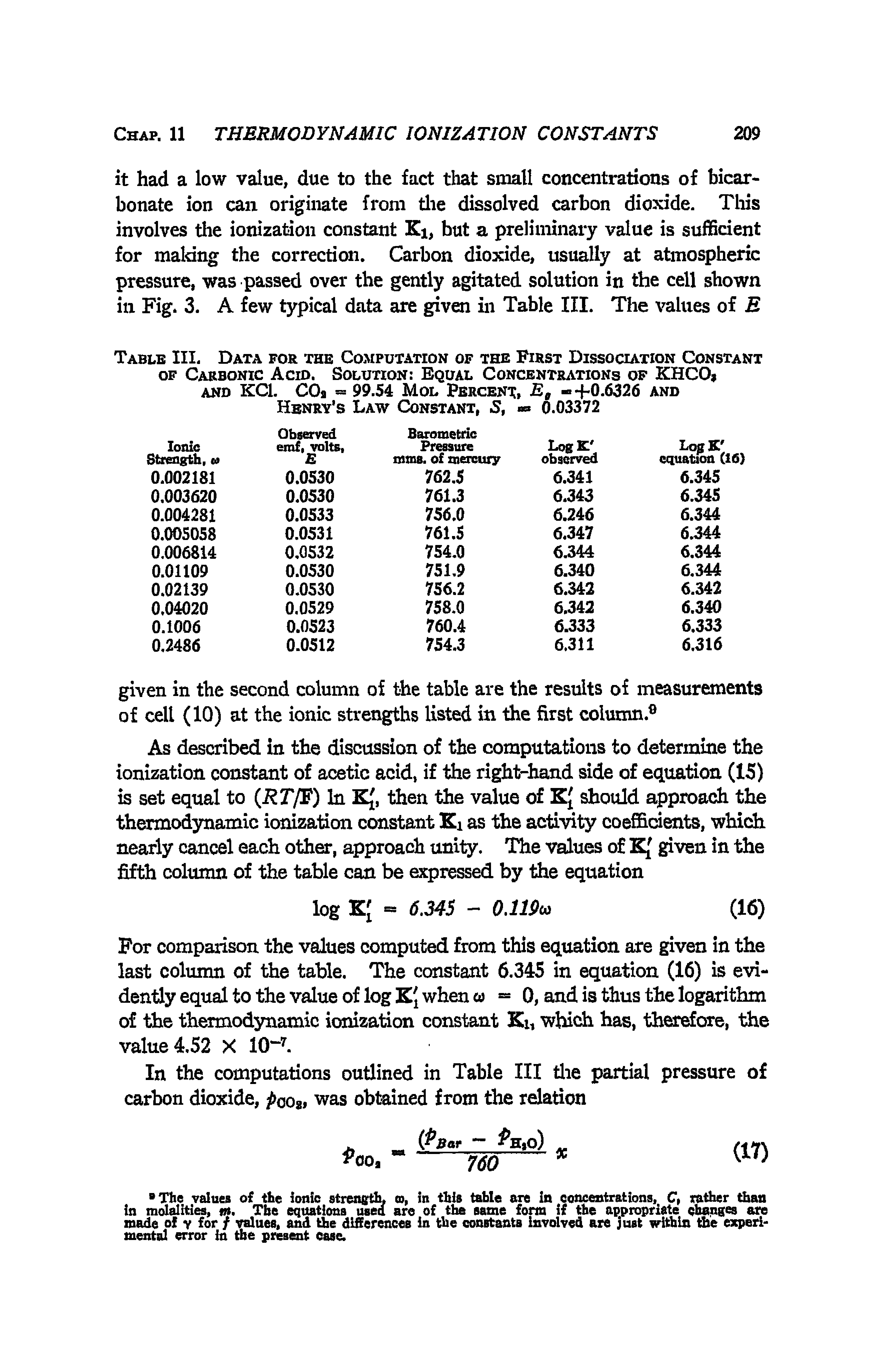 Table III. Data for the Computation of the First Dissociation Constant of Carbonic Acid. Solution Equal Concentrations of KHCO,...