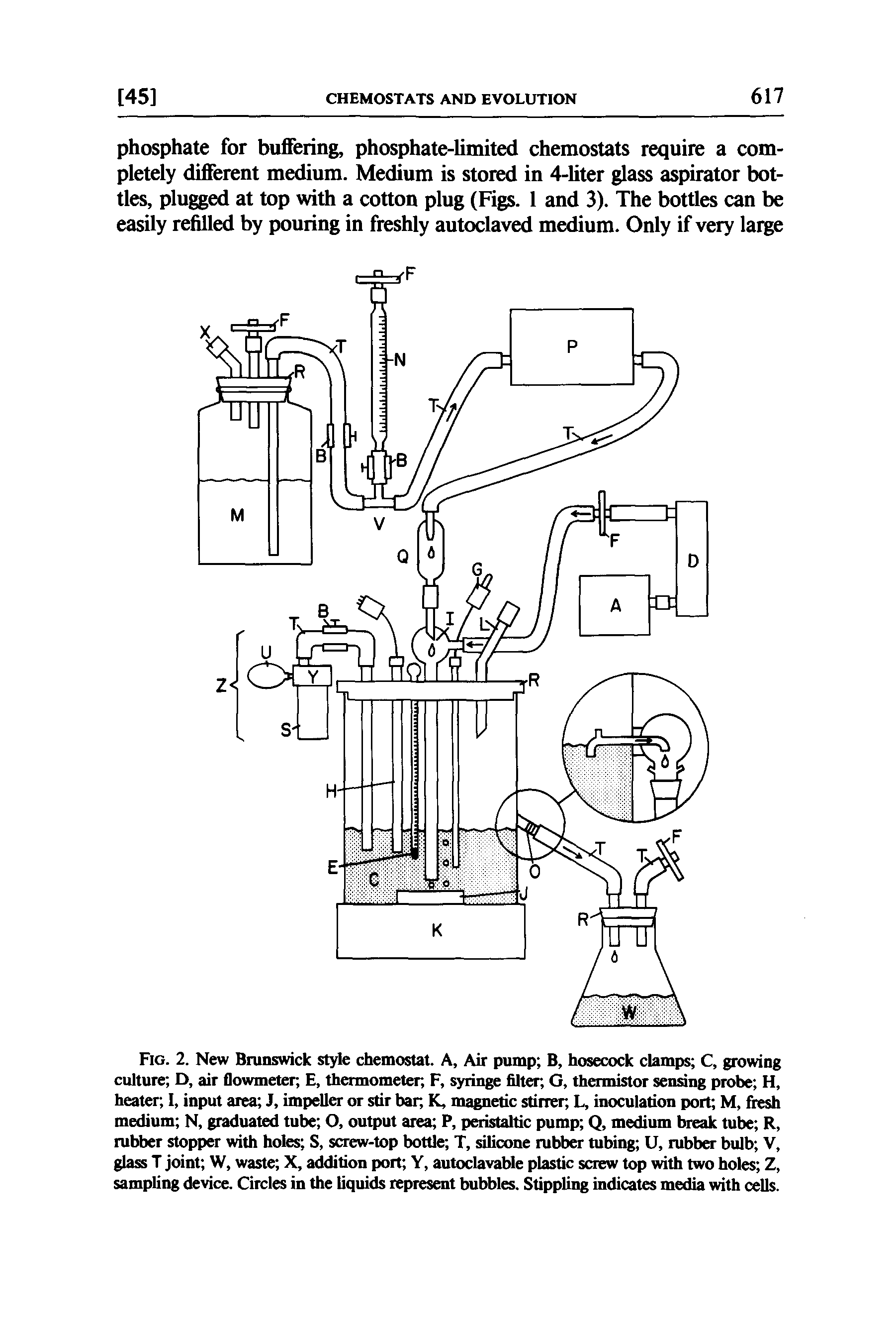 Fig. 2. New Brunswick style chemostat. A, Air pump B, hosecock clamps C, growing culture D, air flowmeter, E, thermometer, F, syringe filter, G, thermistor sensing probe H, heater 1, input area J, impeller or stir bar, K, magnetic stirrer L, inoculation port M, fresh medium N, graduated tube O, output area P, peristaltic pump Q, medium break tube R, rubber stopper with holes S, screw-top bottle T, silicone rubber tubing U, rubber bulb V, glass T joint W, waste X, addition port Y, autoclavable plastic screw top with two holes Z, sampling device. Circles in the liquids represent bubbles. Stippling indicates media with cells.