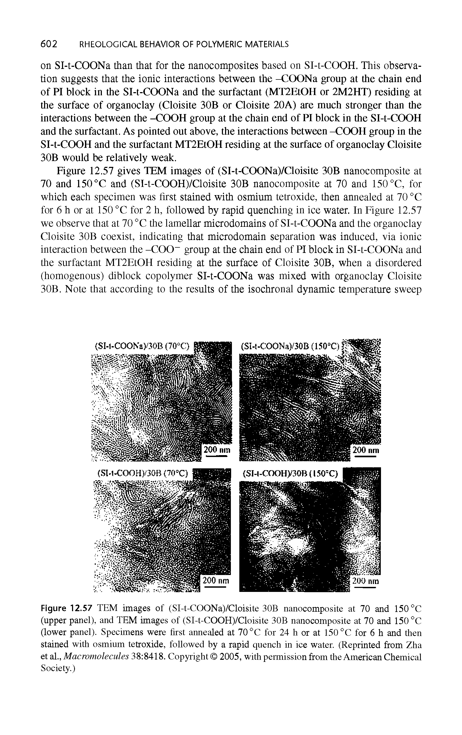 Figure 12.57 TEM images of (SI-t-COONa)/Cloisite 30B nanocomposite at 70 and 150 °C (upper panel), and TEM images of (SI-t-COOH)/Cloisite 30B nanocomposite at 70 and 150 °C (lower panel). Specimens were first annealed at 70 °C for 24 h or at 150 for 6 h and then stained with osmium tetroxide, followed by a rapid quench in ice water. (Reprinted from Zha et al.. Macromolecules 38 8418. Copyright 2005, with permission from the American Chemical Society.)...