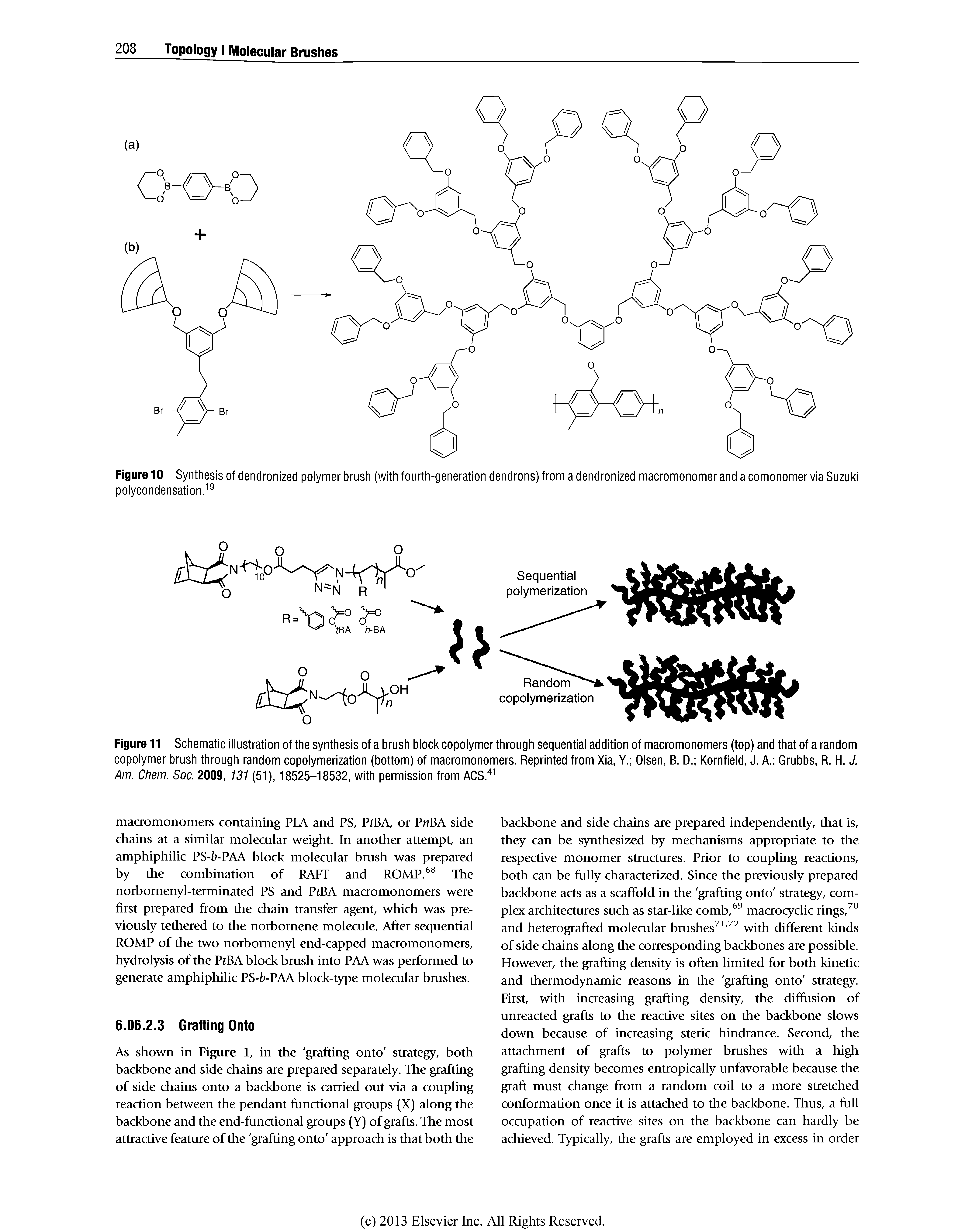Figure 11 Schematic illustration of the synthesis of a brush block copolymer through sequential addition of macromonomers (top) and that of a random copolymer brush through random copolymerization (bottom) of macromonomers. Reprinted from Xia, Y. Olsen, B. D. Kornfield, J. A. Grubbs, R. H. J. Am. Chem. Soc. 2009, 131 (51), 18525-18532, with permission from ACS." ...