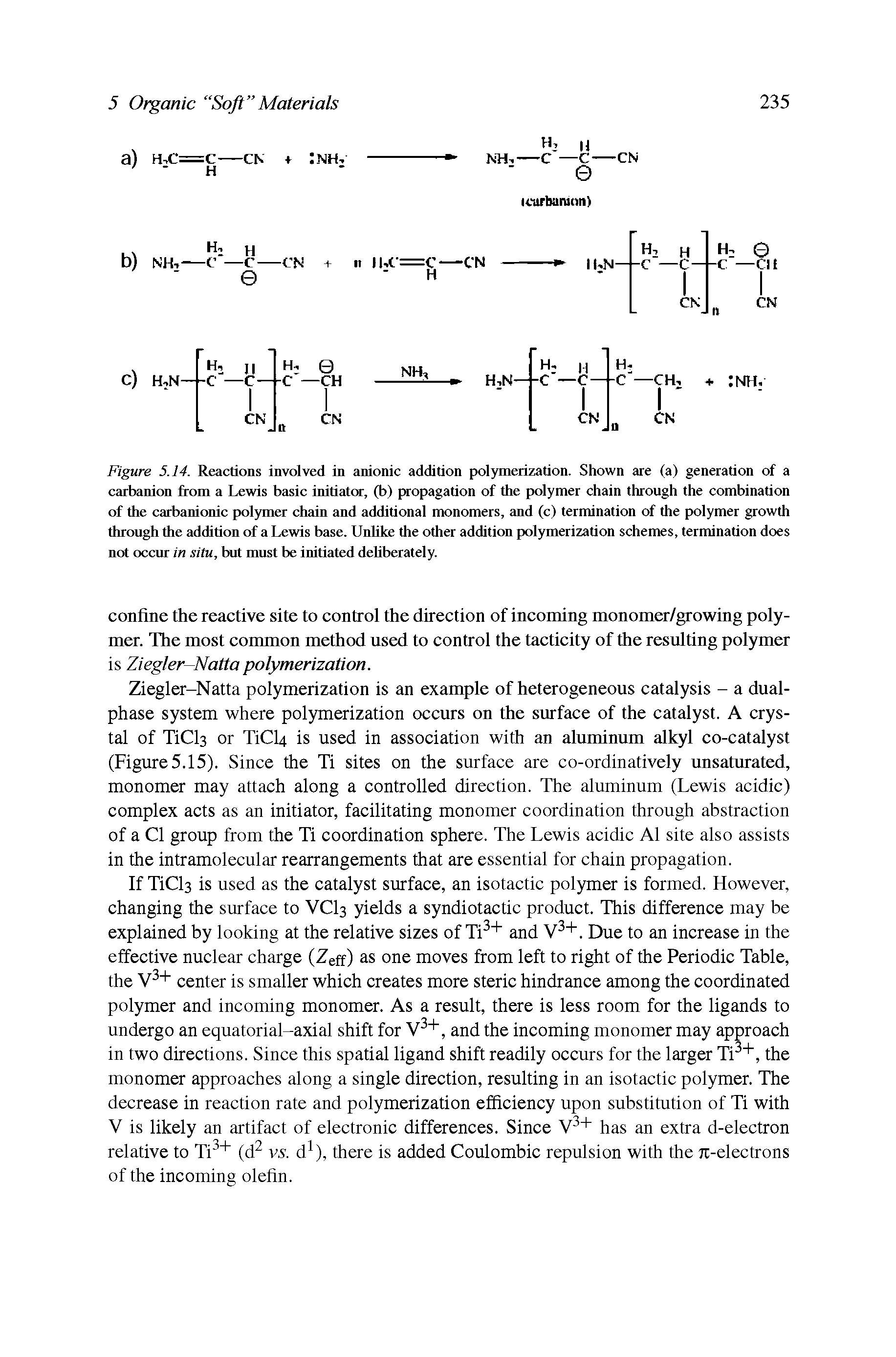 Figure 5.14. Reactions involved in anionic addition polymerization. Shown are (a) generation of a carbanion from a Lewis basic initiator, (b) propagation of the polymer chain through the combination of the carbanionic polymer chain and additional monomers, and (c) termination of the polymer growth through the addition of a Lewis base. UnUke the other addition polymerization schemes, termination does not occur in situ, but must be initiated deUberately.