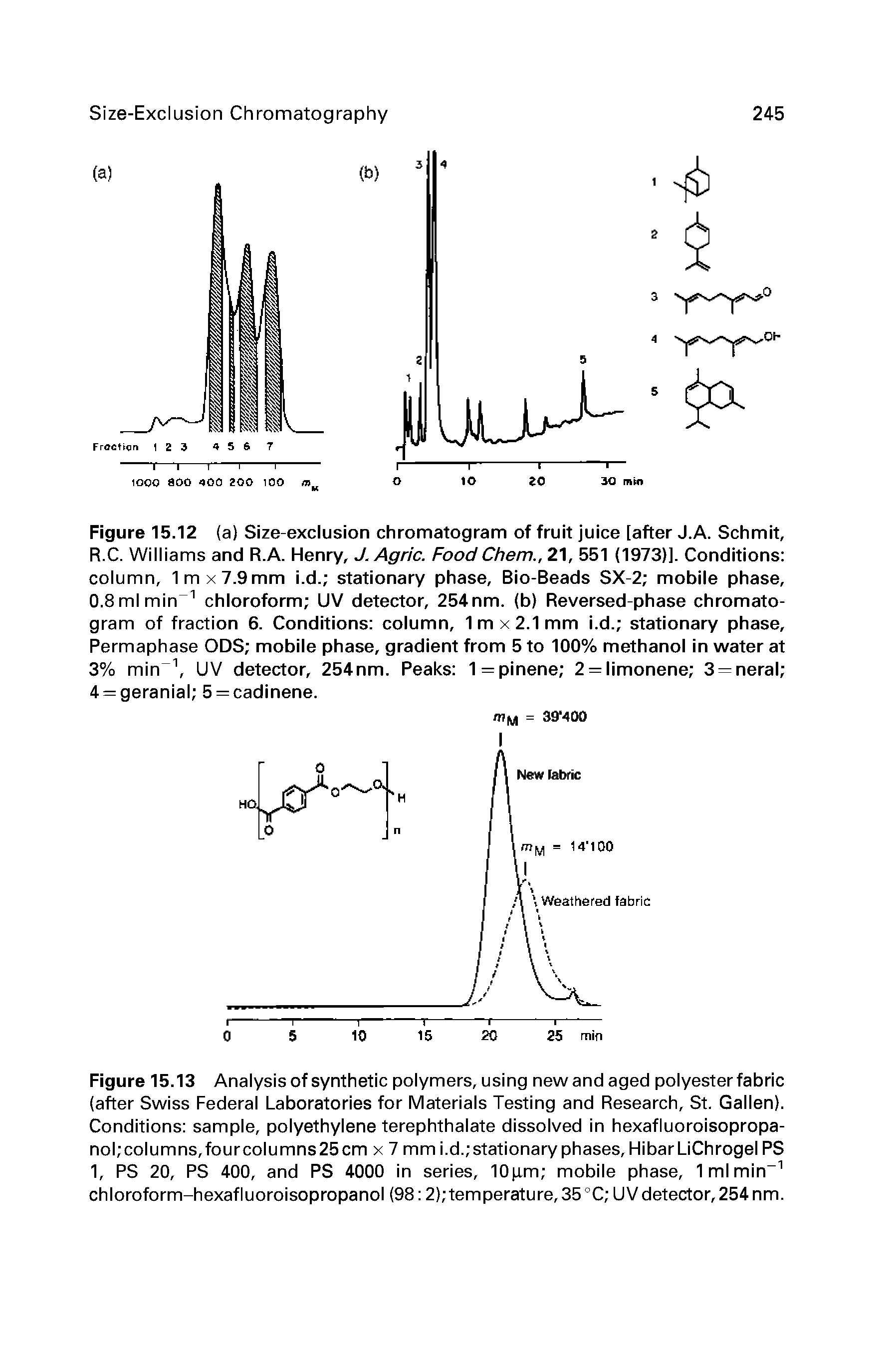 Figure 15.13 Analysis of synthetic polymers, using new and aged polyester fabric (after Swiss Federal Laboratories for Materials Testing and Research, St. Galien). Conditions sample, polyethylene terephthalate dissolved in hexafluoroisopropa-nol columns,fourcolumns25cm x 7 mm i.d. stationary phases, HibarLiChrogel PS 1, PS 20, PS 400, and PS 4000 in series, 10[im mobile phase, Imlrnin" chloroform-hexafluoroisopropanol (98 2) temperature, 35 °C UV detector, 254 nm.