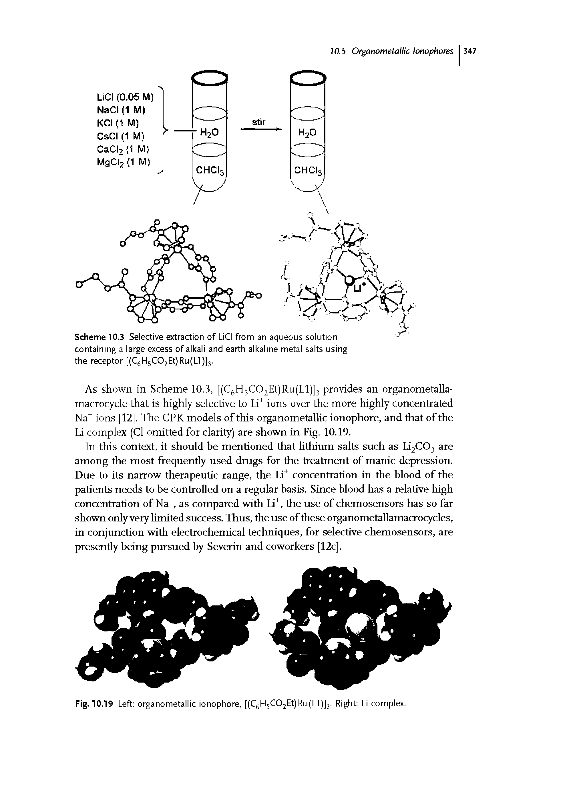 Fig. 10.19 Left organometallic ionophore, [(CgHsCOjEQRuILlIjj. Right Li complex.