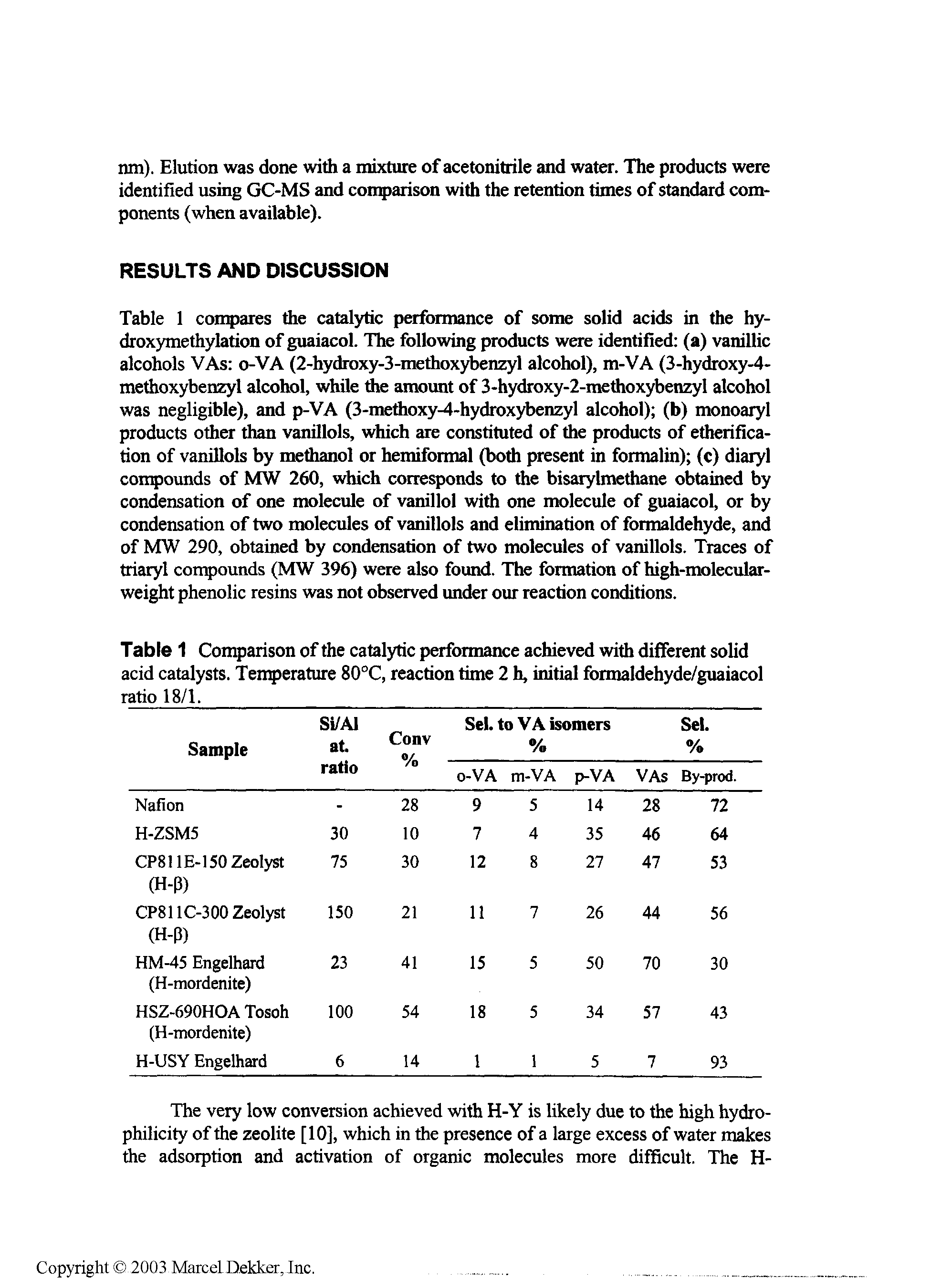 Table 1 Comparison of the catalytic performance achieved with different soUd acid catalysts. Tenperature 80°C, reaction time 2 h, initial formaldehyde/guaiacol ratio 18/1.
