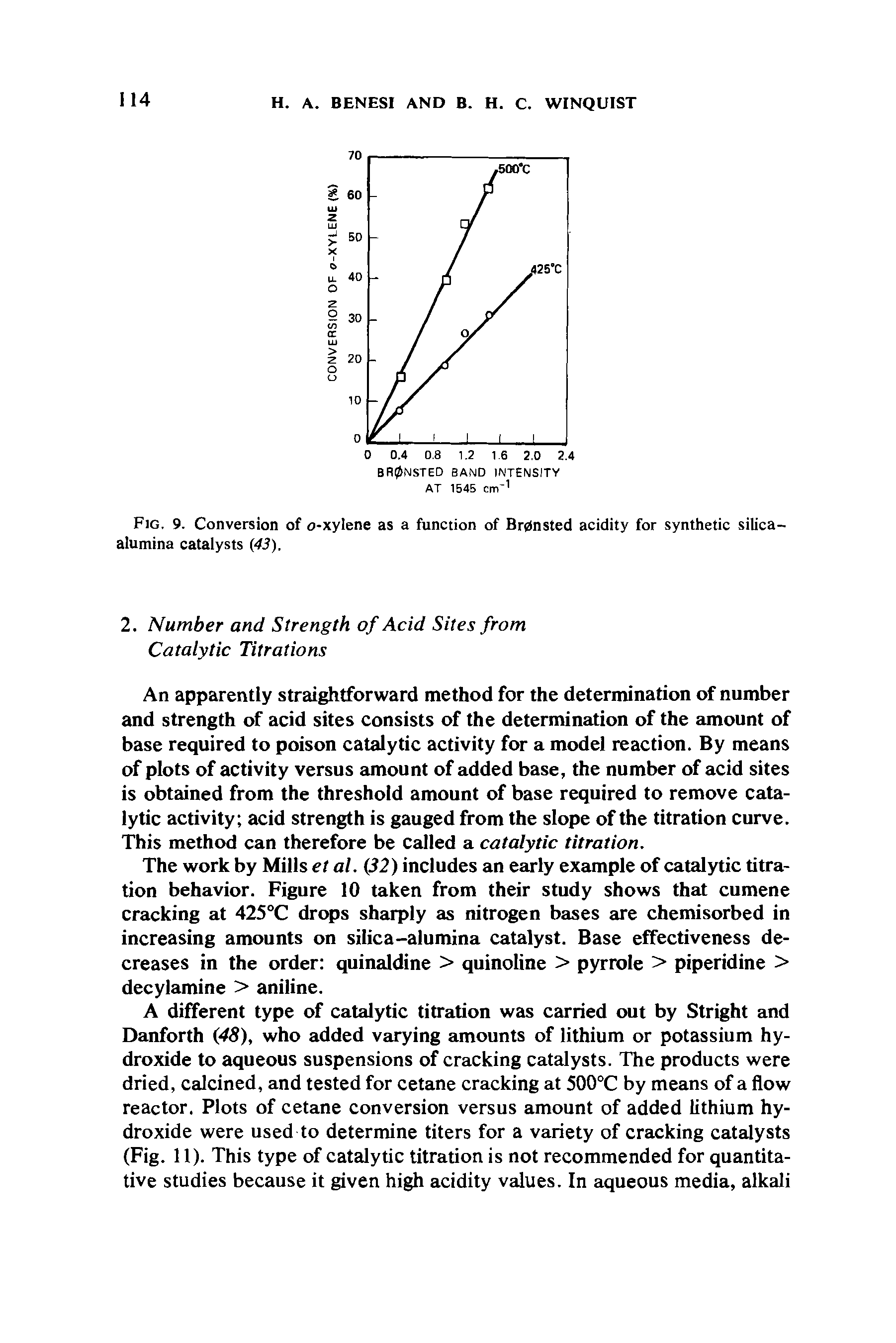 Fig. 9. Conversion of o-xylene as a function of Br0nsted acidity for synthetic silica-alumina catalysts (43).