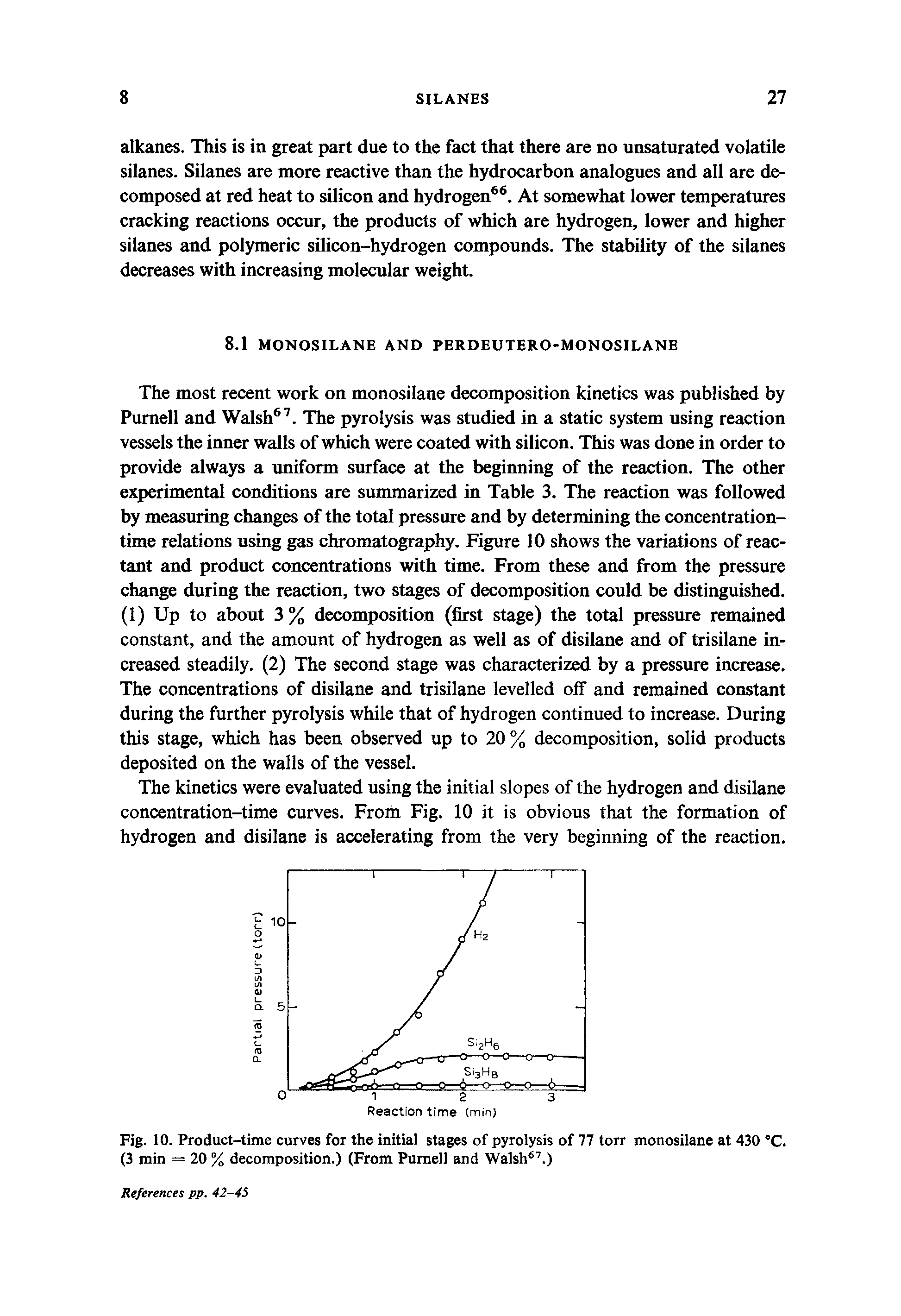 Fig. 10. Product-time curves for the initial stages of pyrolysis of 77 torr monosilane at 430 °C. (3 min = 20 % decomposition.) (From Purnell and Walsh67.)...