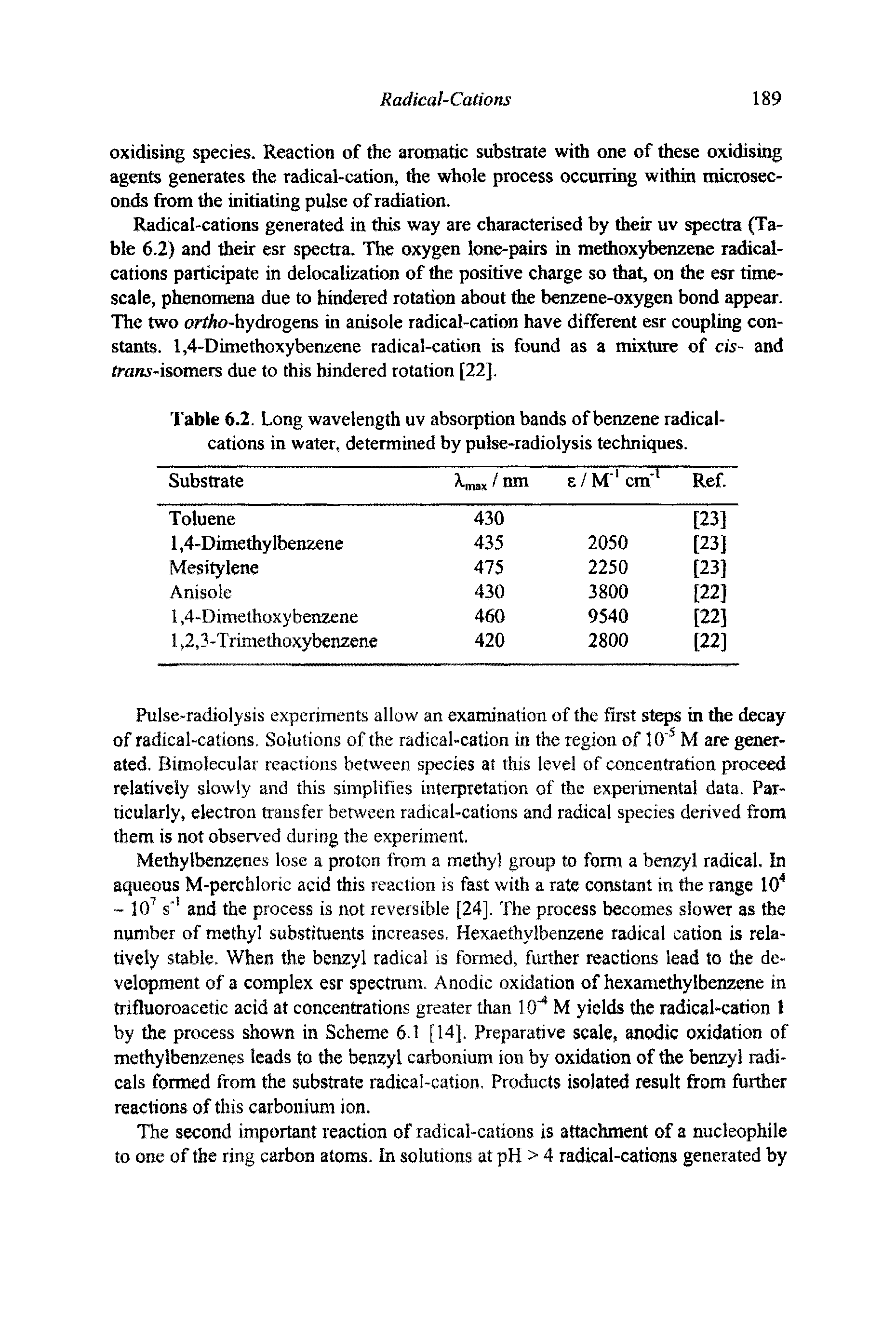 Table 6.2. Long wavelength uv absorption bands of benzene radical-cations in water, determined by pulse-radiolysis techniques.