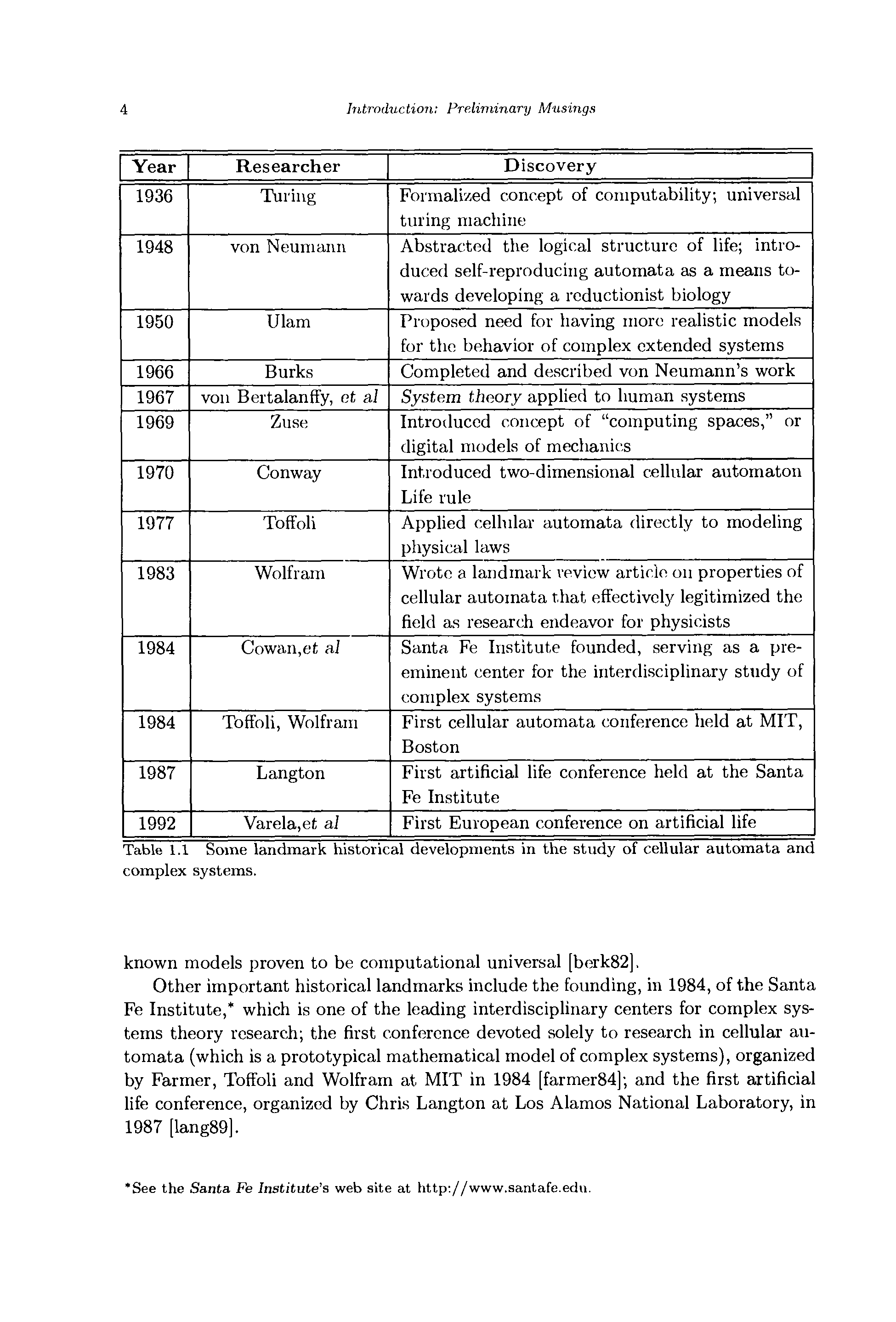 Table 1.1 Some landmark historical developments in the study of cellular automata and complex systems.