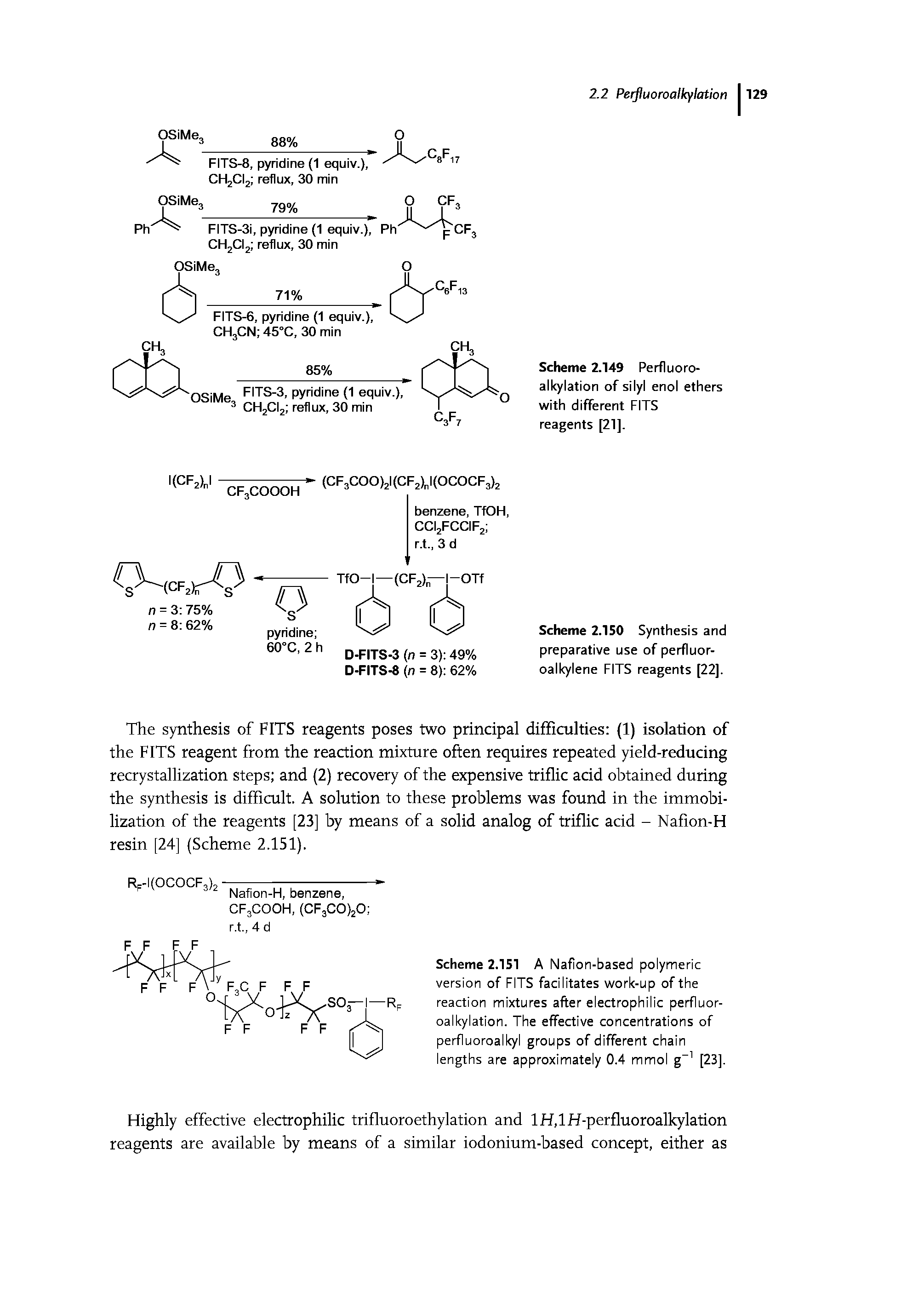 Scheme 2.149 Perfluoroalkylation of silyl enol ethers with different FITS reagents [21].