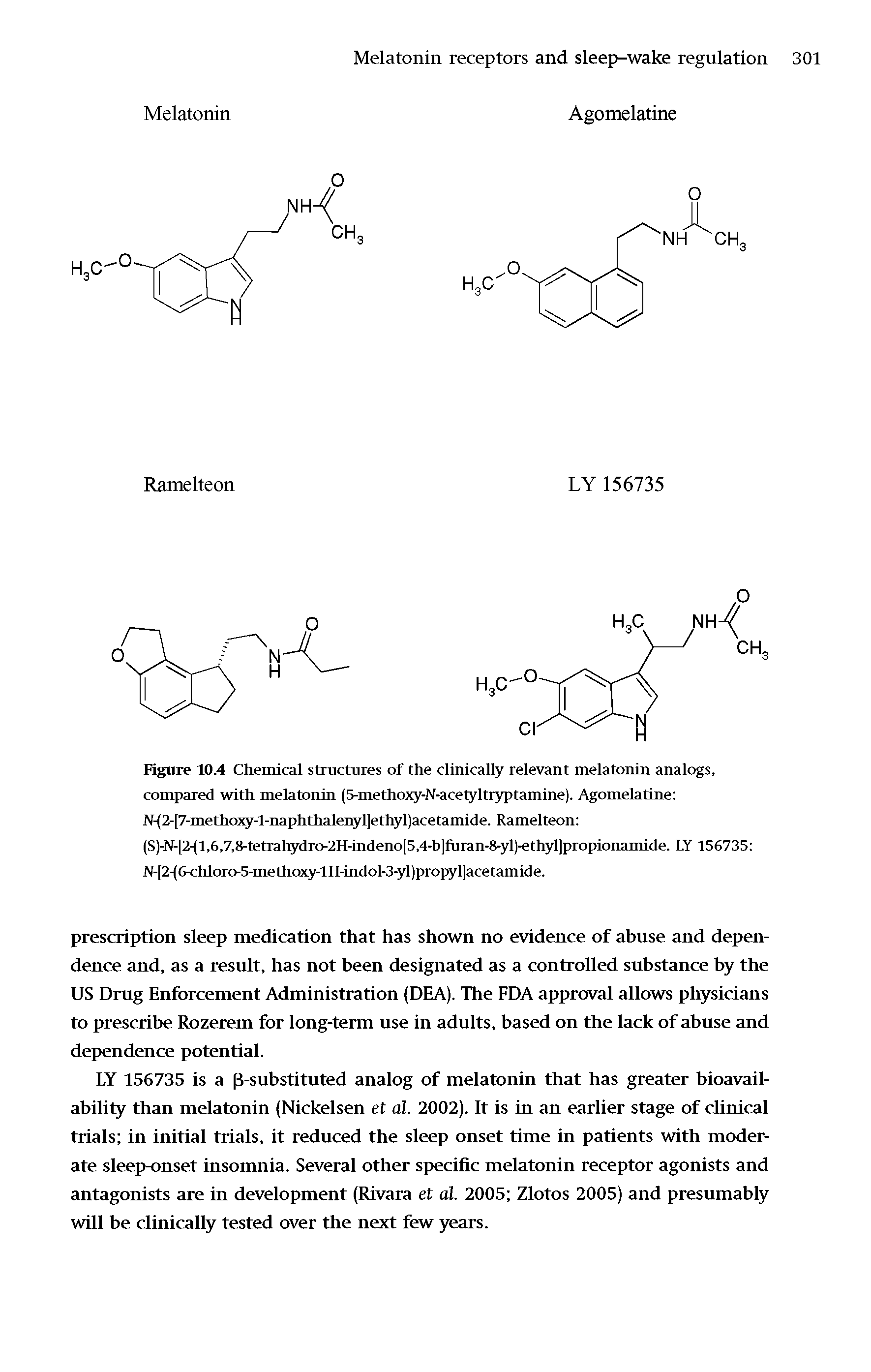 Figure 10.4 Chemical structures of the clinically relevant melatonin analogs, compared with melatonin (5-methoxy-N-acetyltryptamine). Agomelatine N- 2-[7-methoxy-l-naphthalenyl]ethyl)acetamide. Ramelteon ...