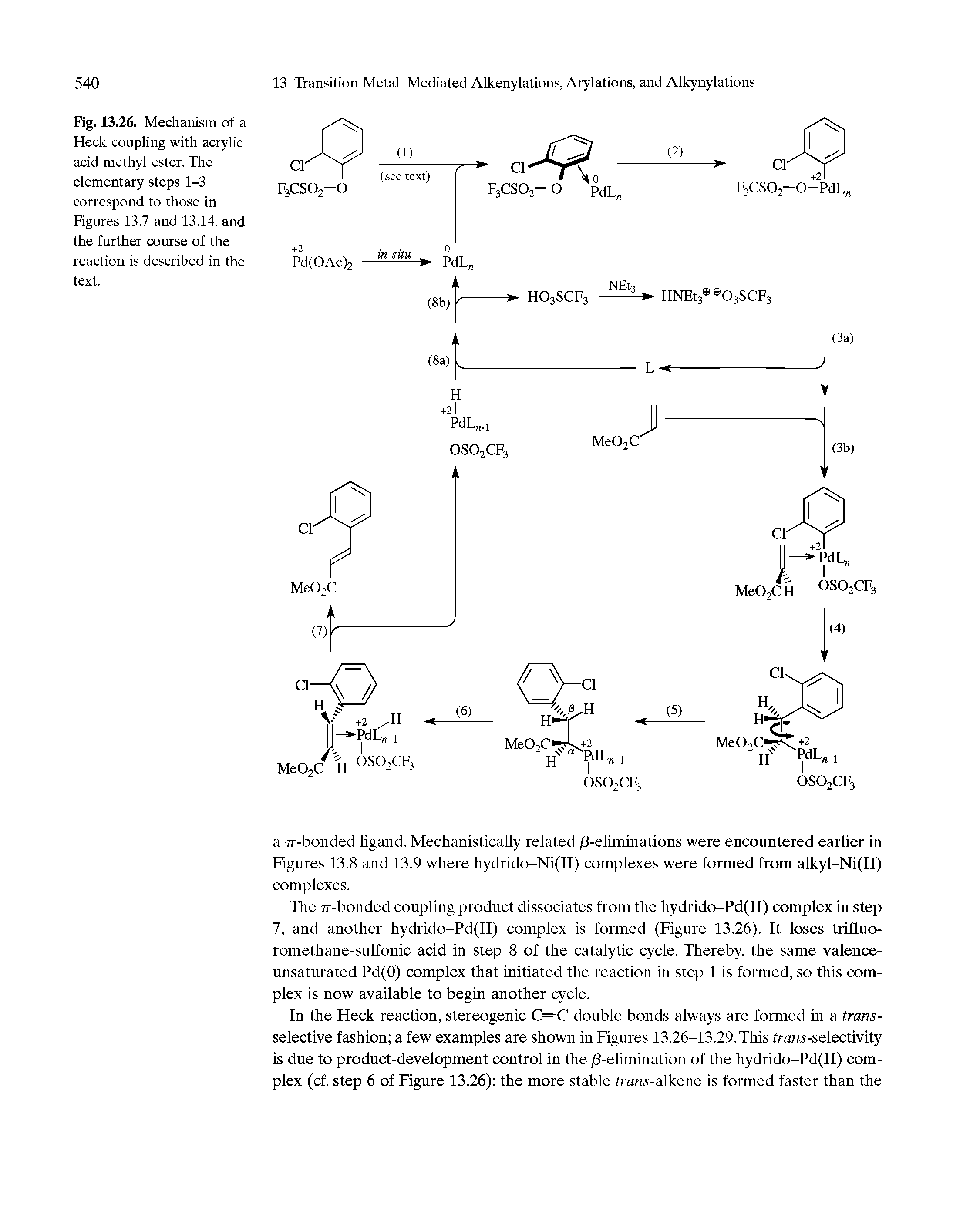 Fig. 13.26. Mechanism of a Heck coupling with acrylic acid methyl ester. The elementary steps 1-3 correspond to those in Figures 13.7 and 13.14, and the further course of the reaction is described in the text.
