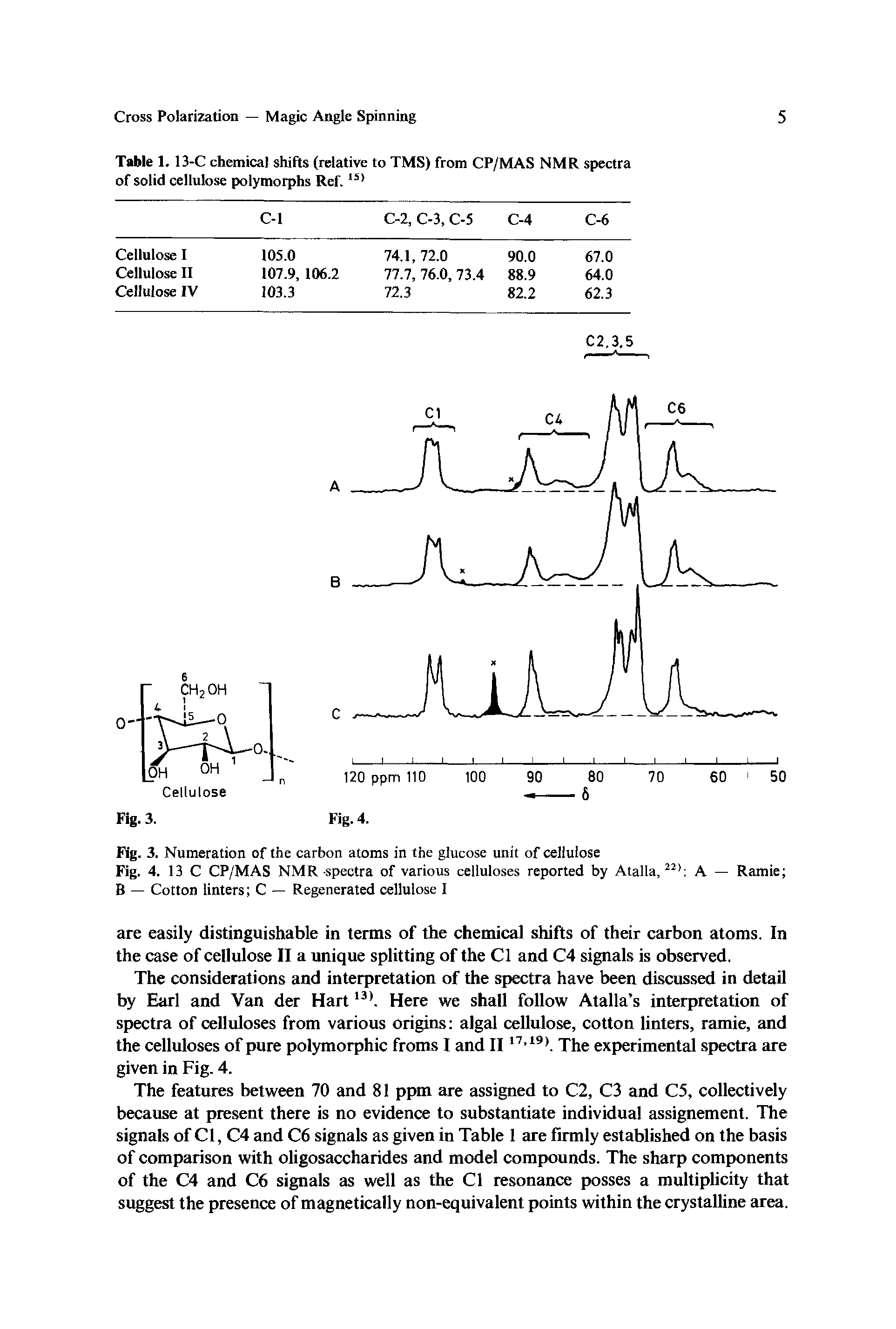 Fig. 4. 13 C CP/MAS NMR-spectra of various celluloses reported by Atalla,22> A — Ramie B — Cotton linters C — Regenerated cellulose I...