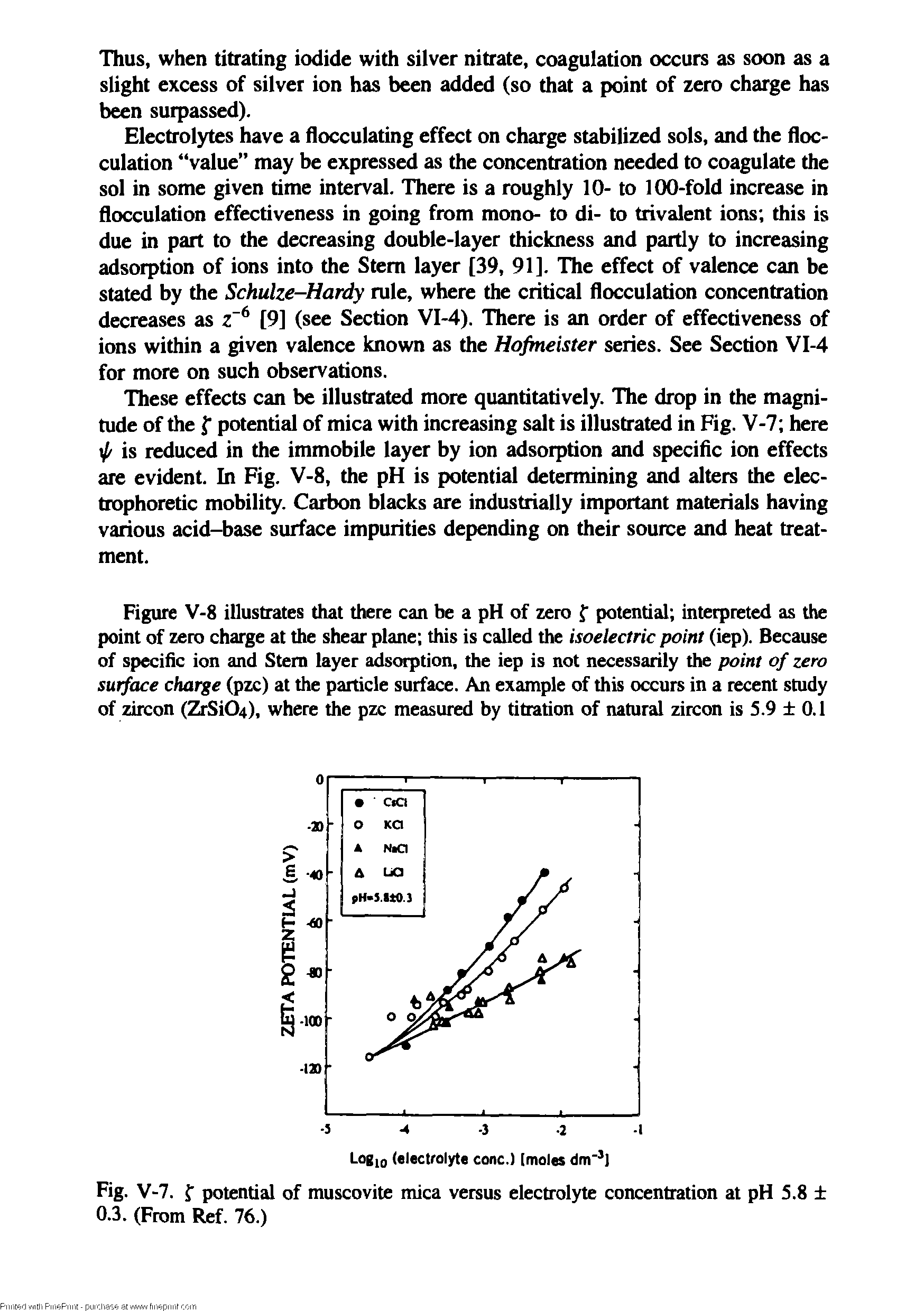 Figure V-8 illustrates that there can be a pH of zero potential interpreted as the point of zero charge at the shear plane this is called the isoelectric point (iep). Because of specific ion and Stem layer adsorption, the iep is not necessarily the point of zero surface charge (pzc) at the particle surface. An example of this occurs in a recent study of zircon (ZrSi04), where the pzc measured by titration of natural zircon is 5.9 0.1...