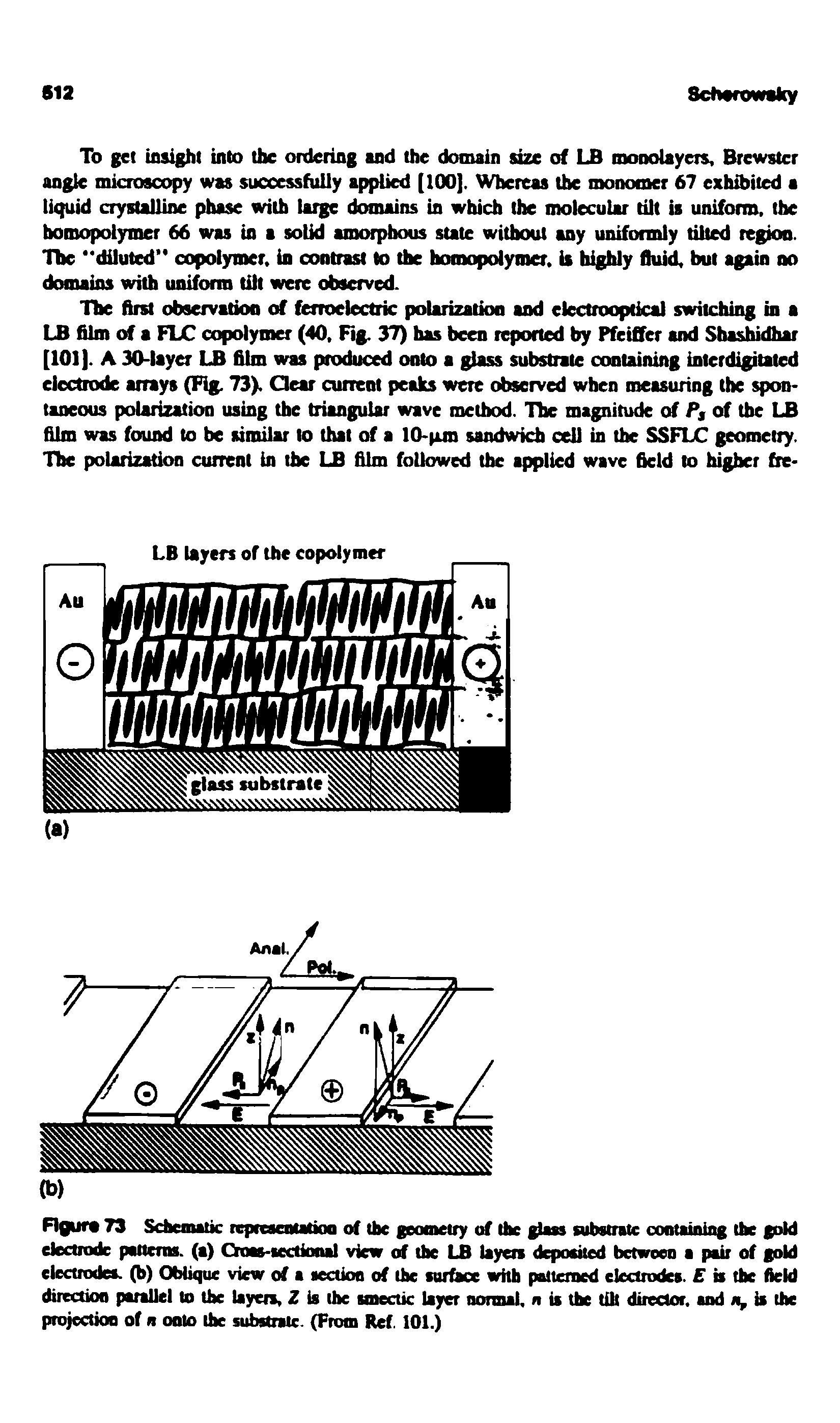 Figure 73 Schematic reperaentatioo of the geometry of the glass substrate containing the gold electrode patterns, (a) Onas-sectioiiBl view of the LB layets deposited between a pair of gold electrodes, (b) Oblique view of a section of the surface i h paiteroed electrodes. is the field directioo parallel bs the layers, Z is the smectic layer normal, n is the tilt director, and is the projection of n onto the sufastralc. (From Ref. 101.)...