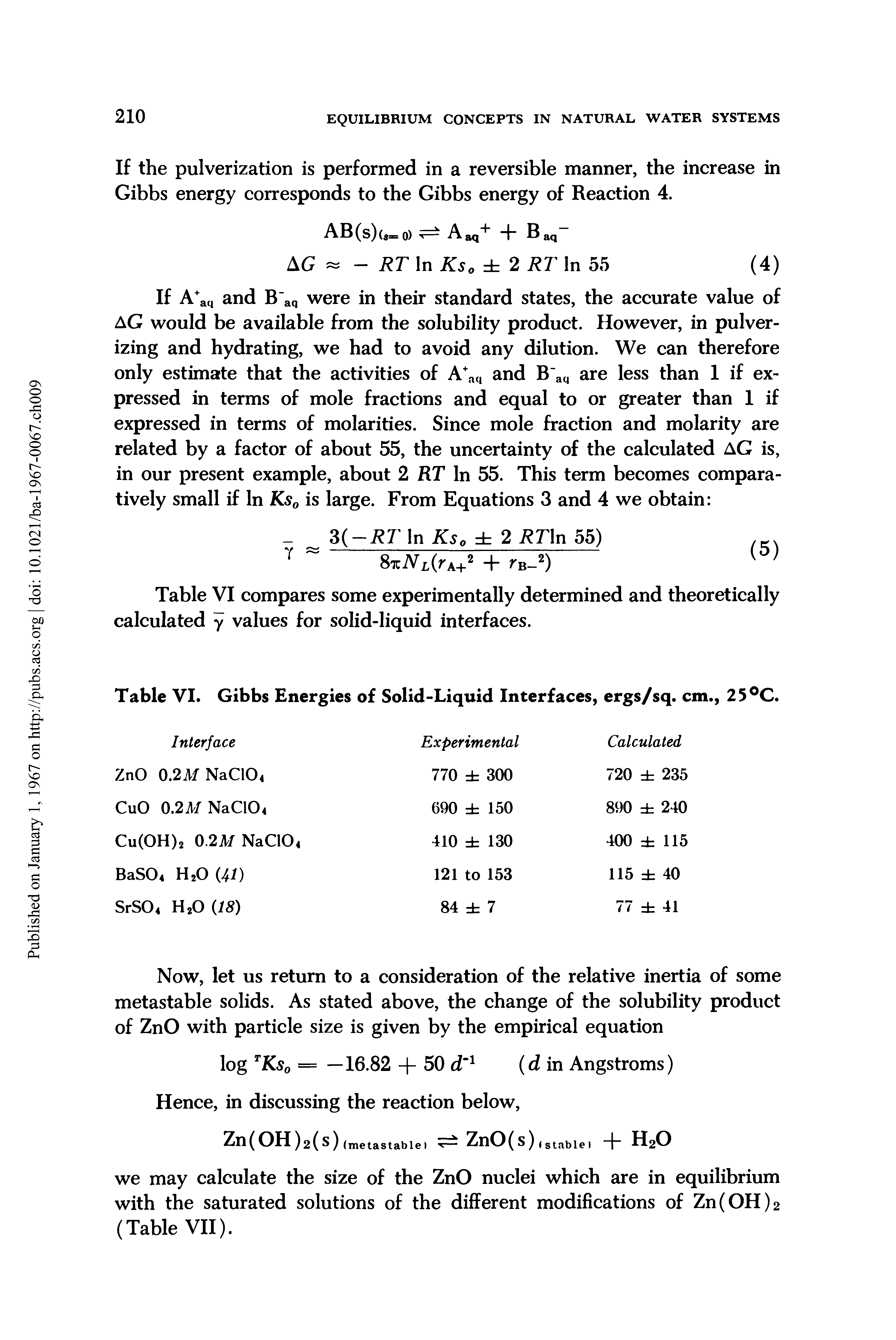 Table VI. Gibbs Energies of Solid-Liquid Interfaces, ergs/sq. cm., 25°C.