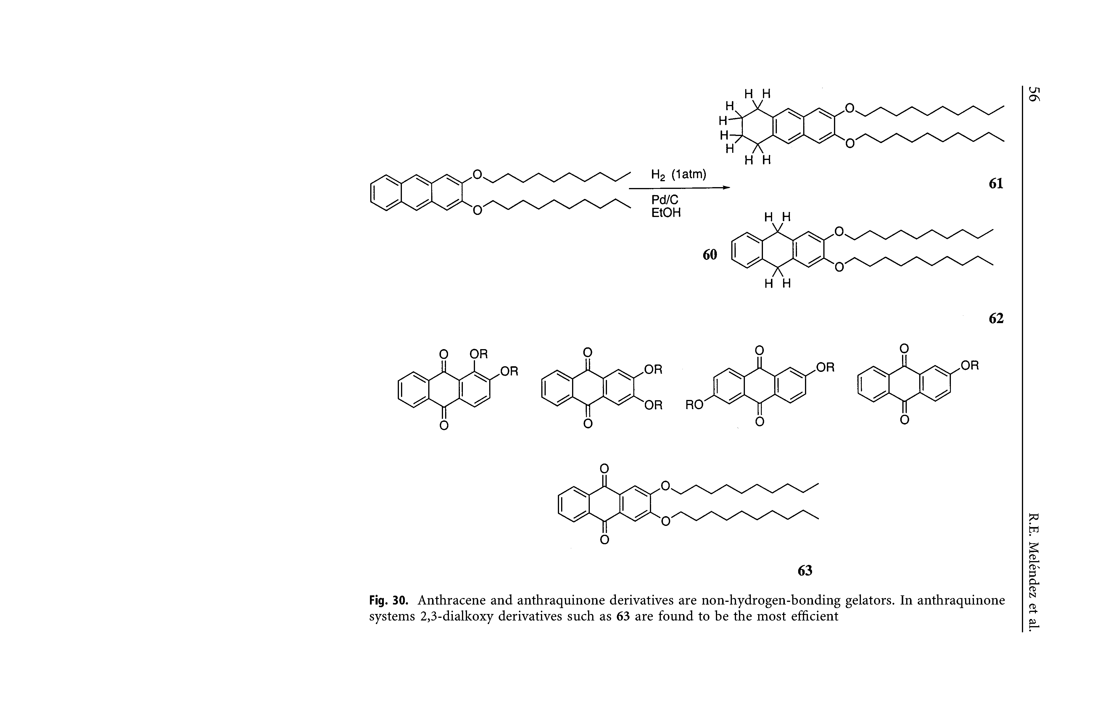 Fig. 30. Anthracene and anthraquinone derivatives are non-hydrogen-bonding gelators. In anthraquinone systems 2,3-dialkoxy derivatives such as 63 are found to be the most efficient...