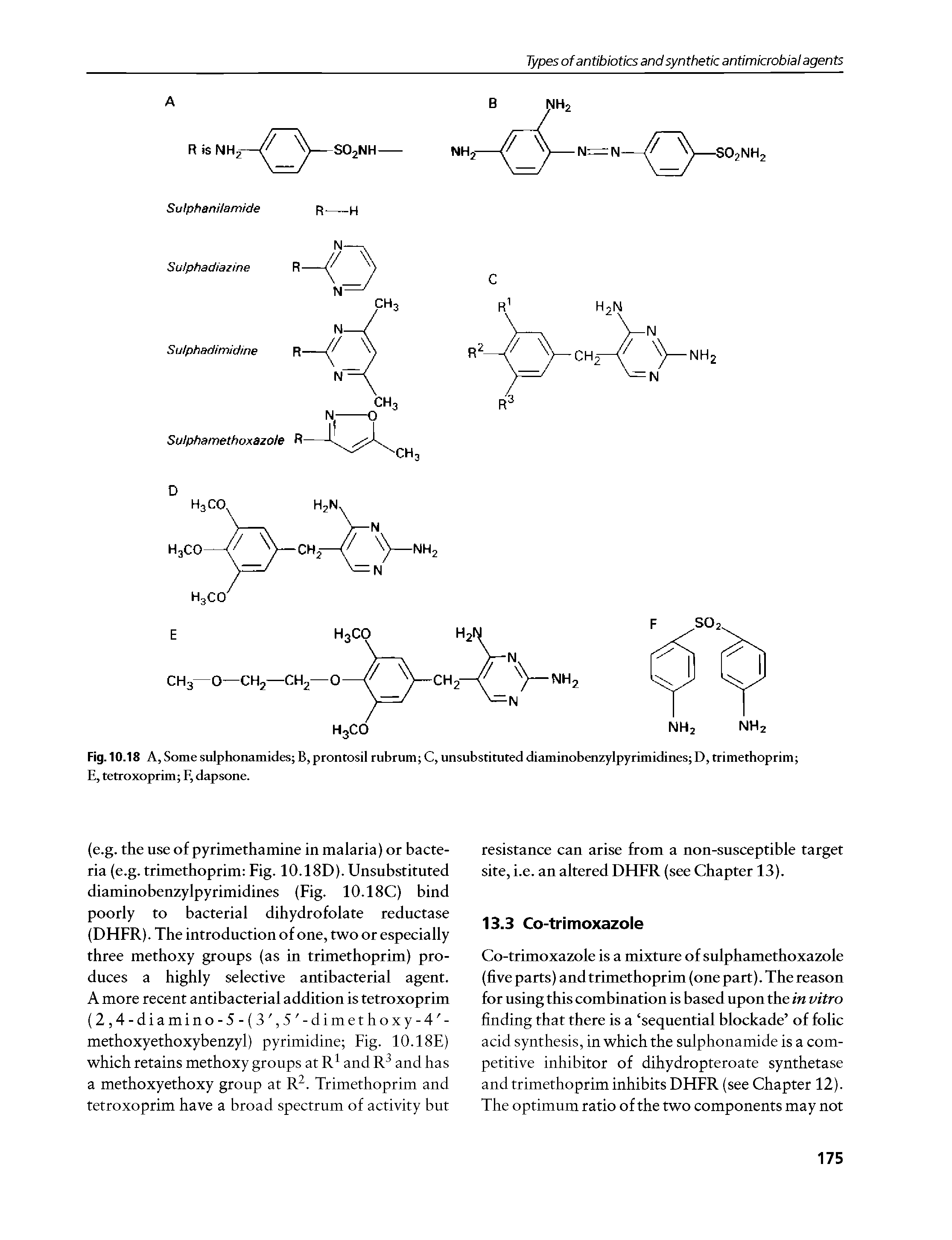 Fig. 10.18 A, Some sulphonamides B,prontosil rubrum C, unsubstituted diaminobenzylpyrimidines D, trimethoprim E, tetroxoprim F, dapsone.
