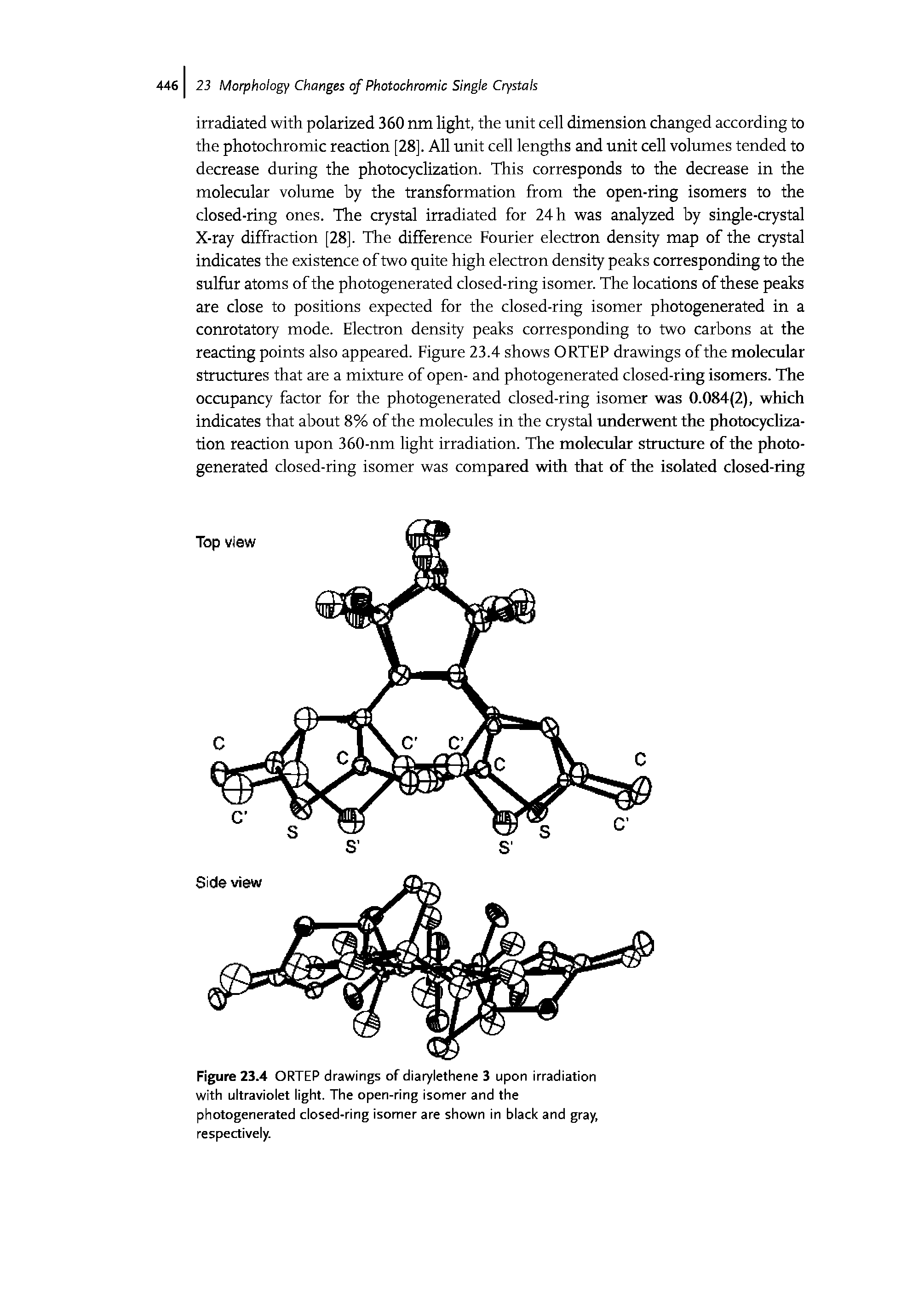 Figure 23.4 ORTEP drawings of diarylethene 3 upon irradiation with ultraviolet light. The open-ring isomer and the photogenerated closed-ring isomer are shown in black and gray, respectively.