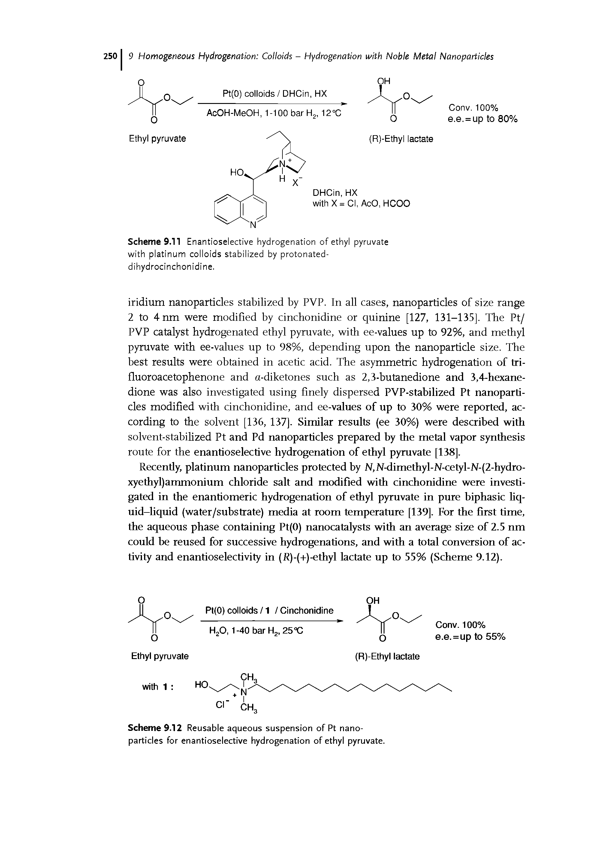 Scheme 9.11 Enantioselective hydrogenation of ethyl pyruvate with platinum colloids stabilized by protonated-dihydrocinchonidine.